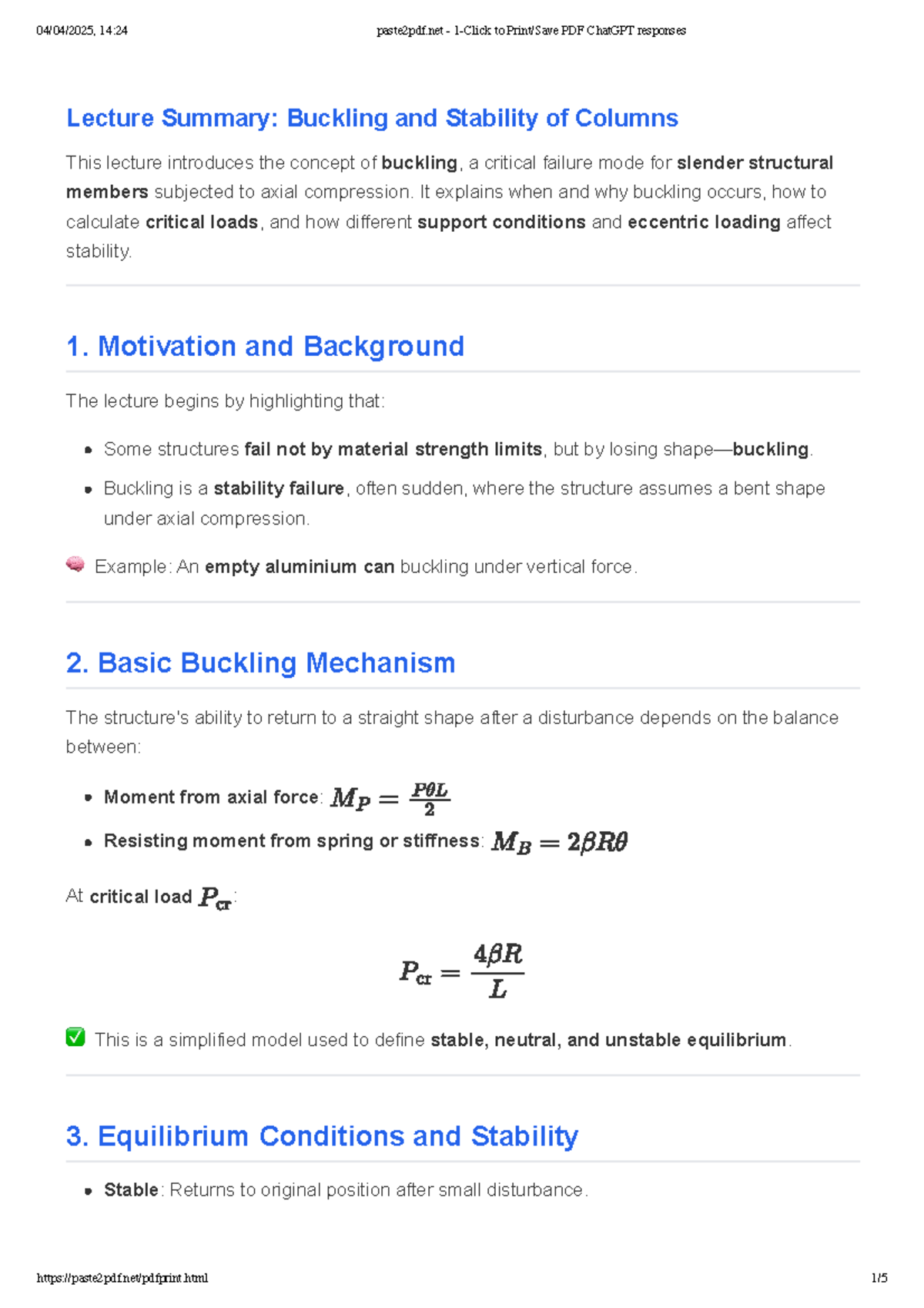Lecture 9 Summary: Buckling and Stability of Columns (14:24) - Studocu