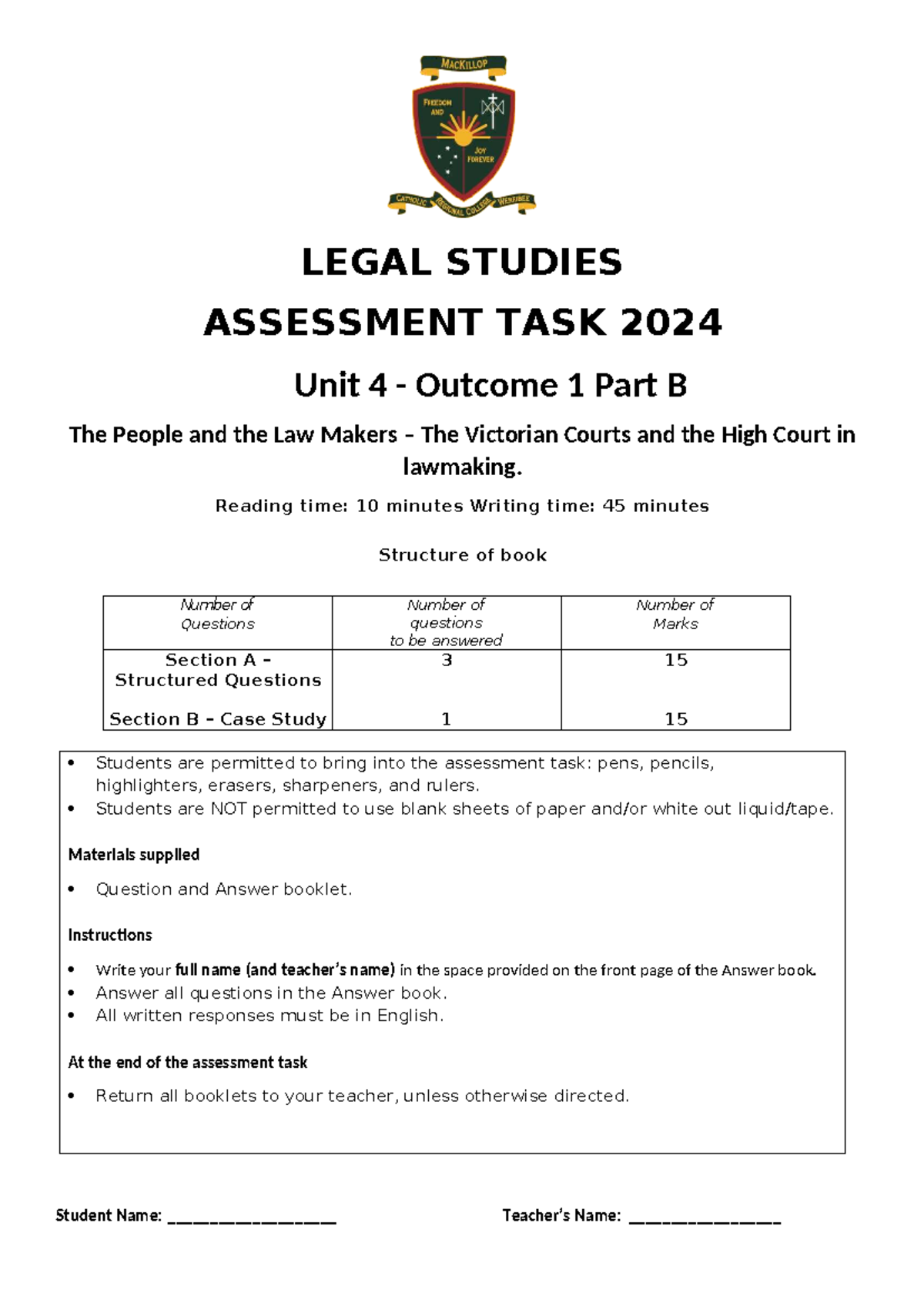 Unit 4 Legal Studies Assessment Task 2024: The People and the Law ...