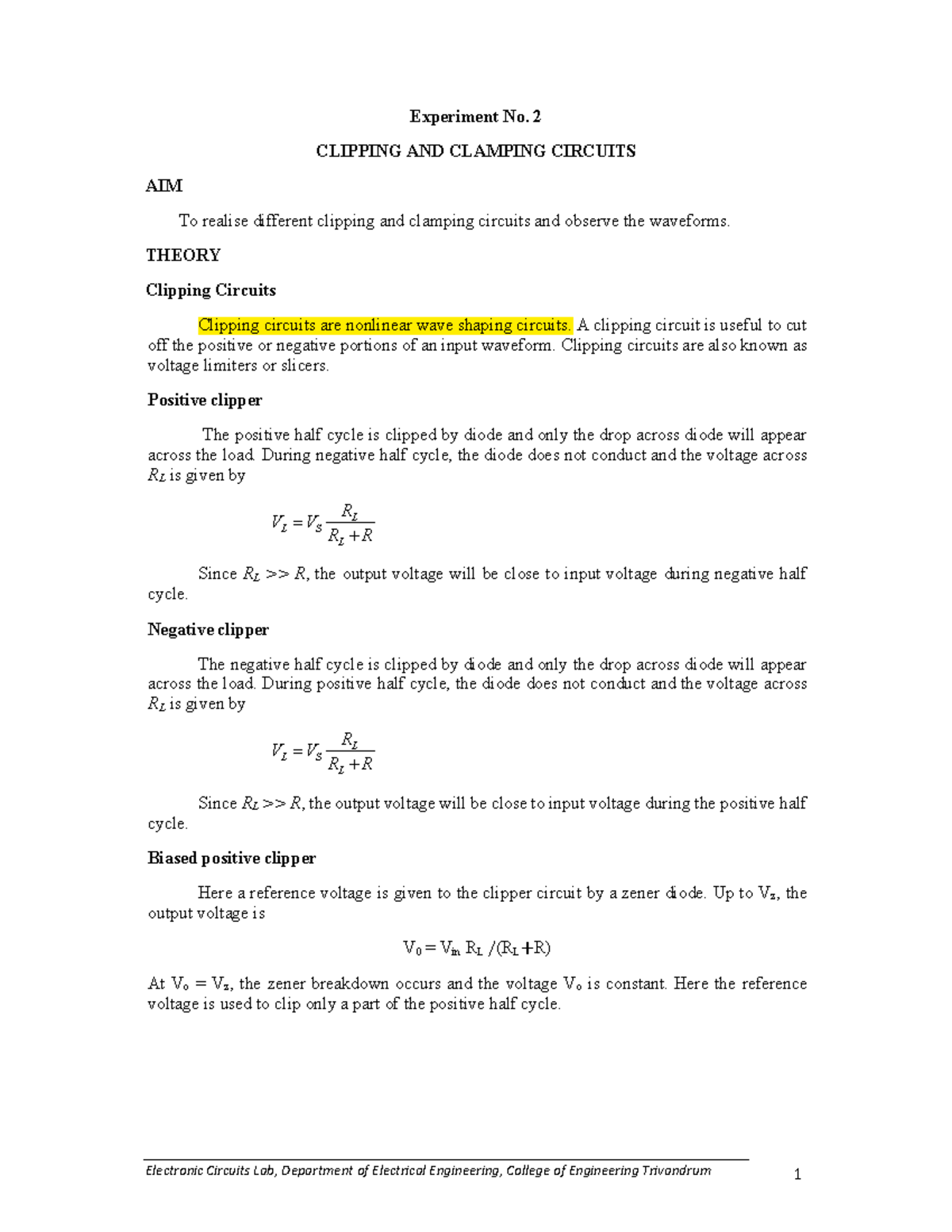 Experiment No. 2: Clipping and Clamping Circuits Notes - Studocu