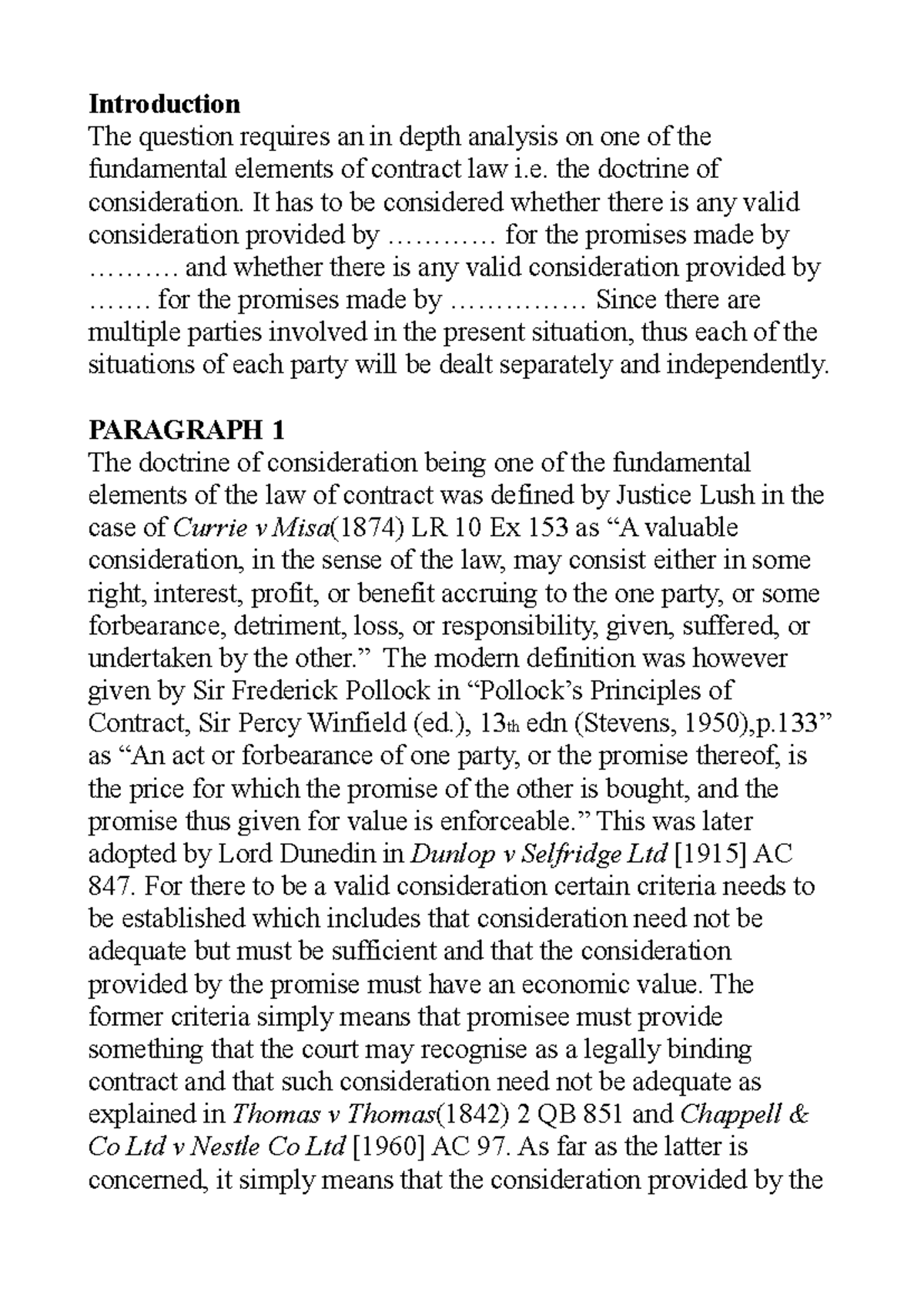 Consideration Problem Question. Template - London - Studocu