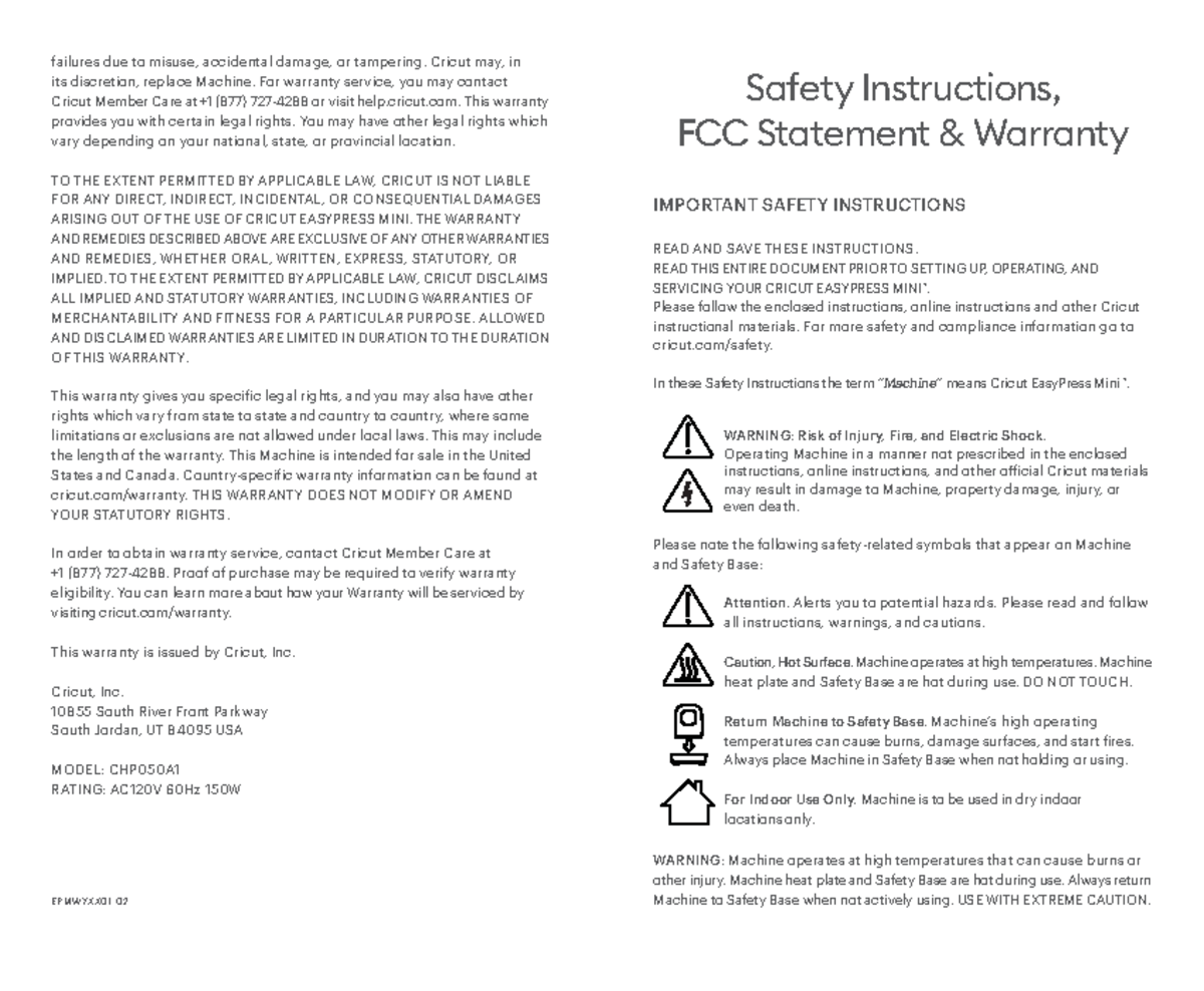 Easypress mini safety and warranty - IMPORTANT SAFETY INSTRUCTIONS READ ...