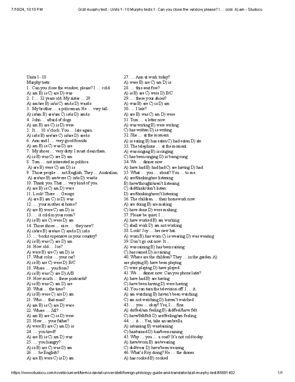 Murphy Test Answers - Units 1-10 (QZL101) - Studocu