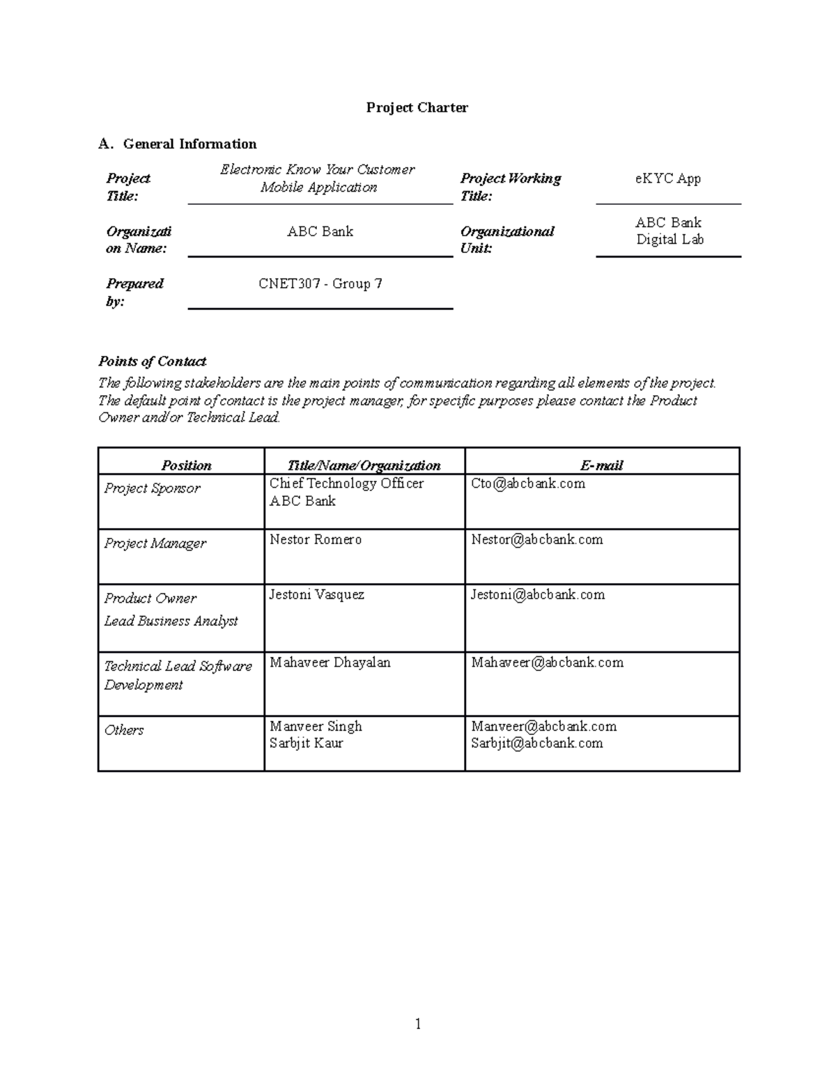 CNET307 - Group 7 Project Charter for eKYC Mobile App Development - Studocu