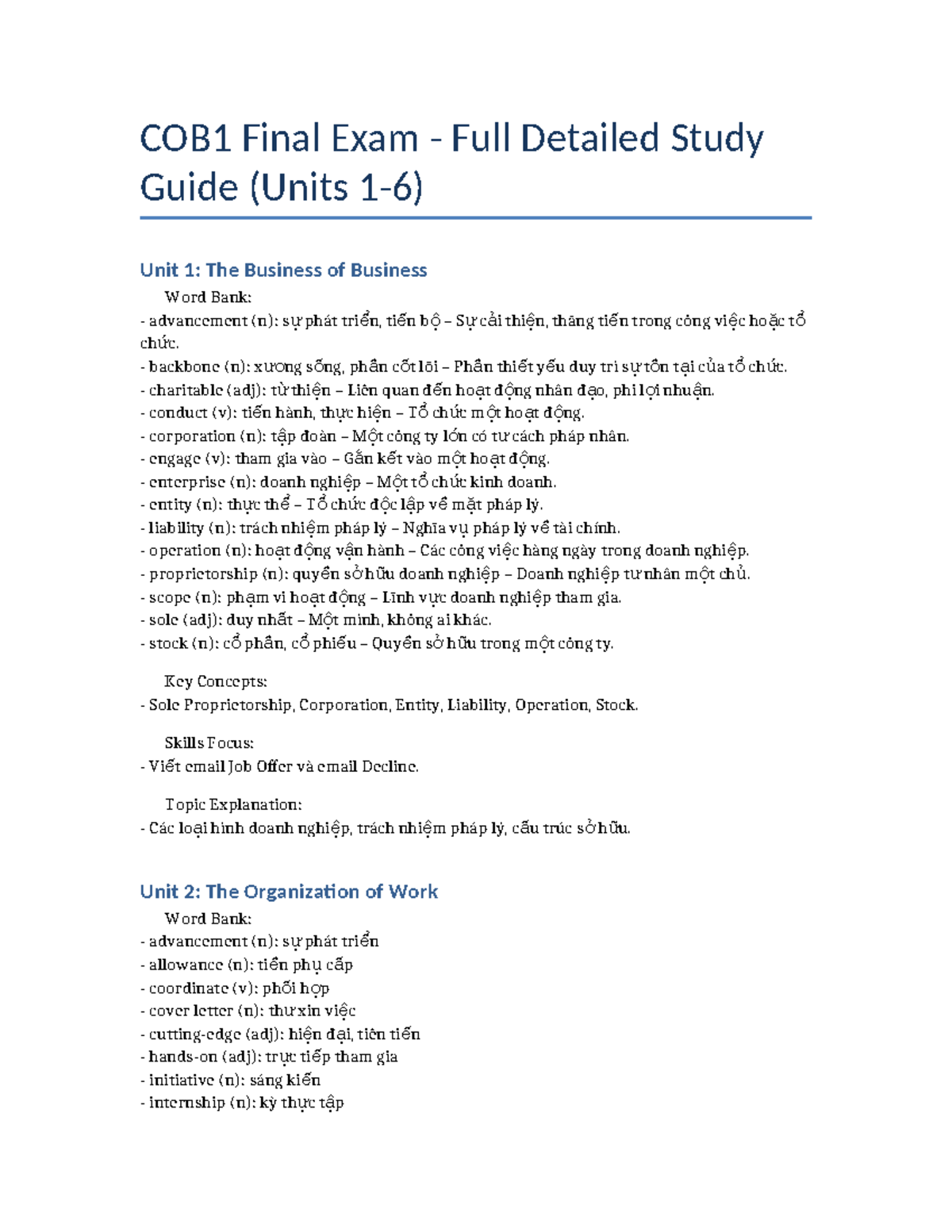 COB1 Final Exam Comprehensive Study Guide for Units 1-6 - Studocu