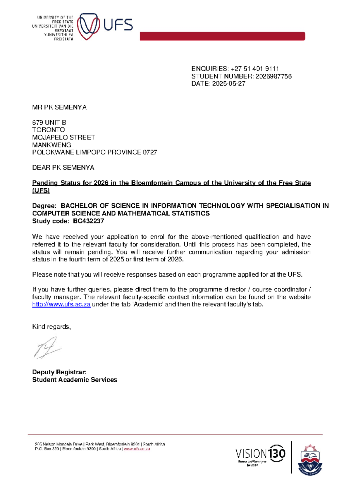 UFS BC432237 Application Status Update - Pending for 2026 - Studocu