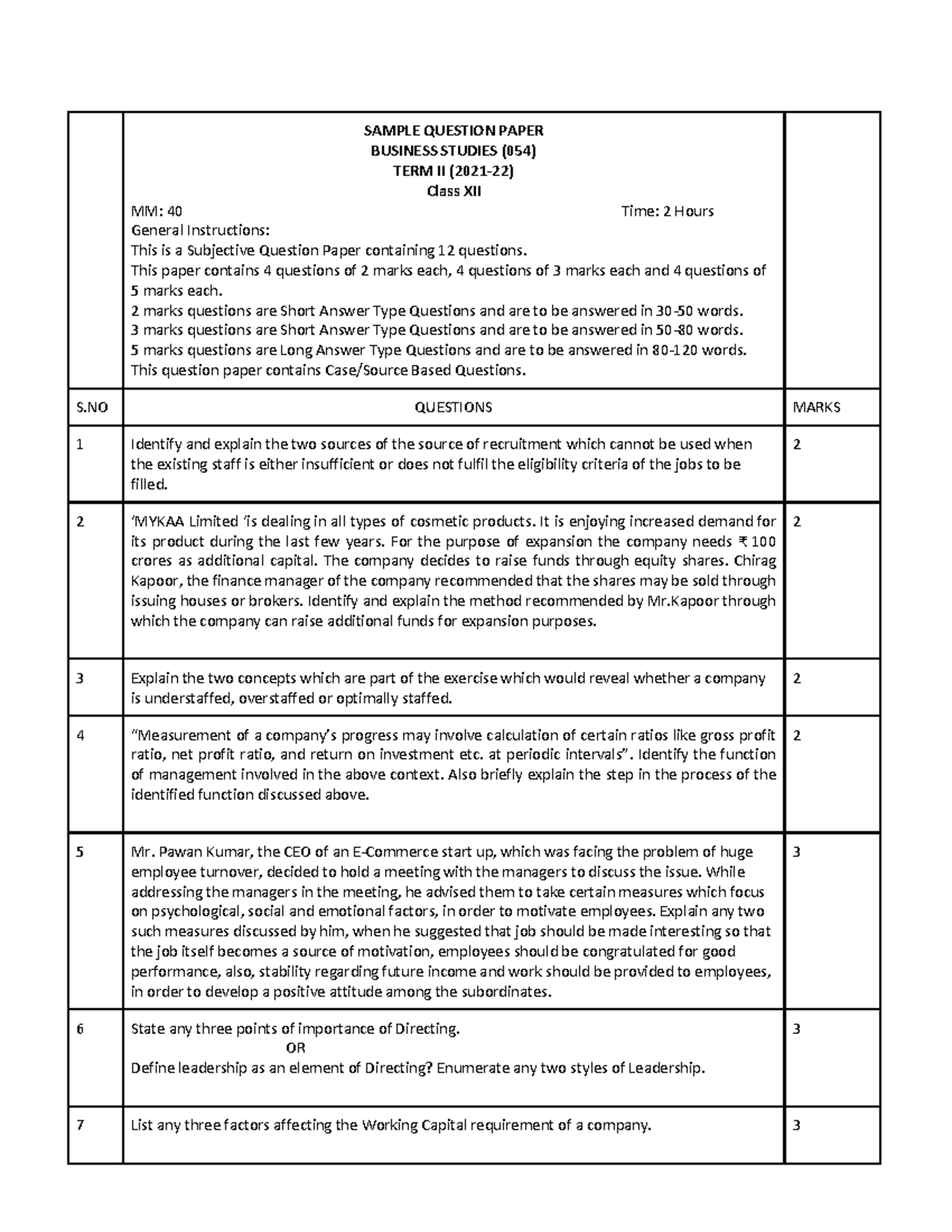 business studies sample question paper class 12 - SAMPLE QUESTION PAPER ...