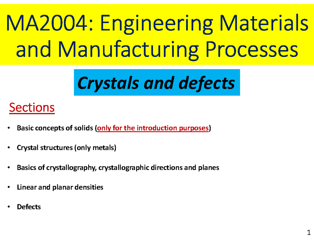 MA2004: Crystal Structures and Defects Overview for Engineering ...