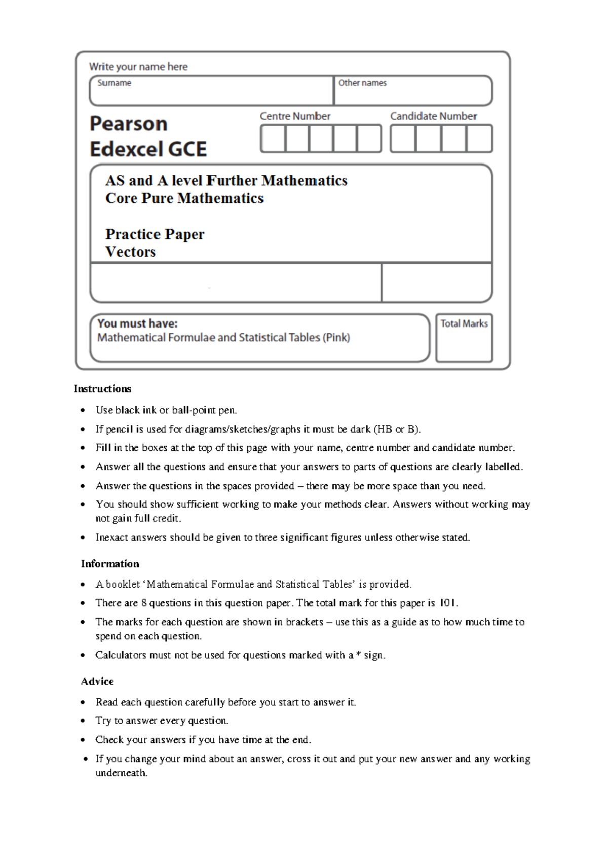 As Further Mathematics Core Pure Vectors Practice Paper - Studocu