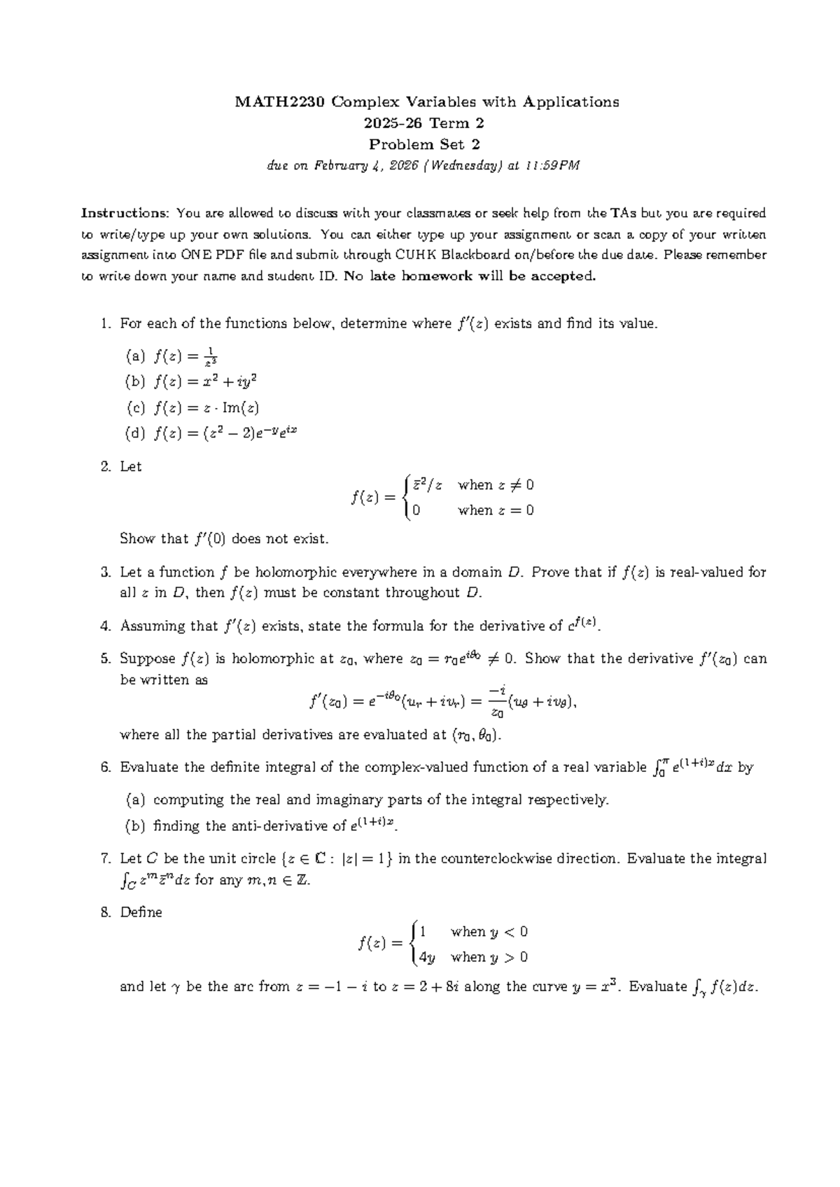 MATH2230 Complex Variables Term 2 Problem Set 2 Instructions - Studocu