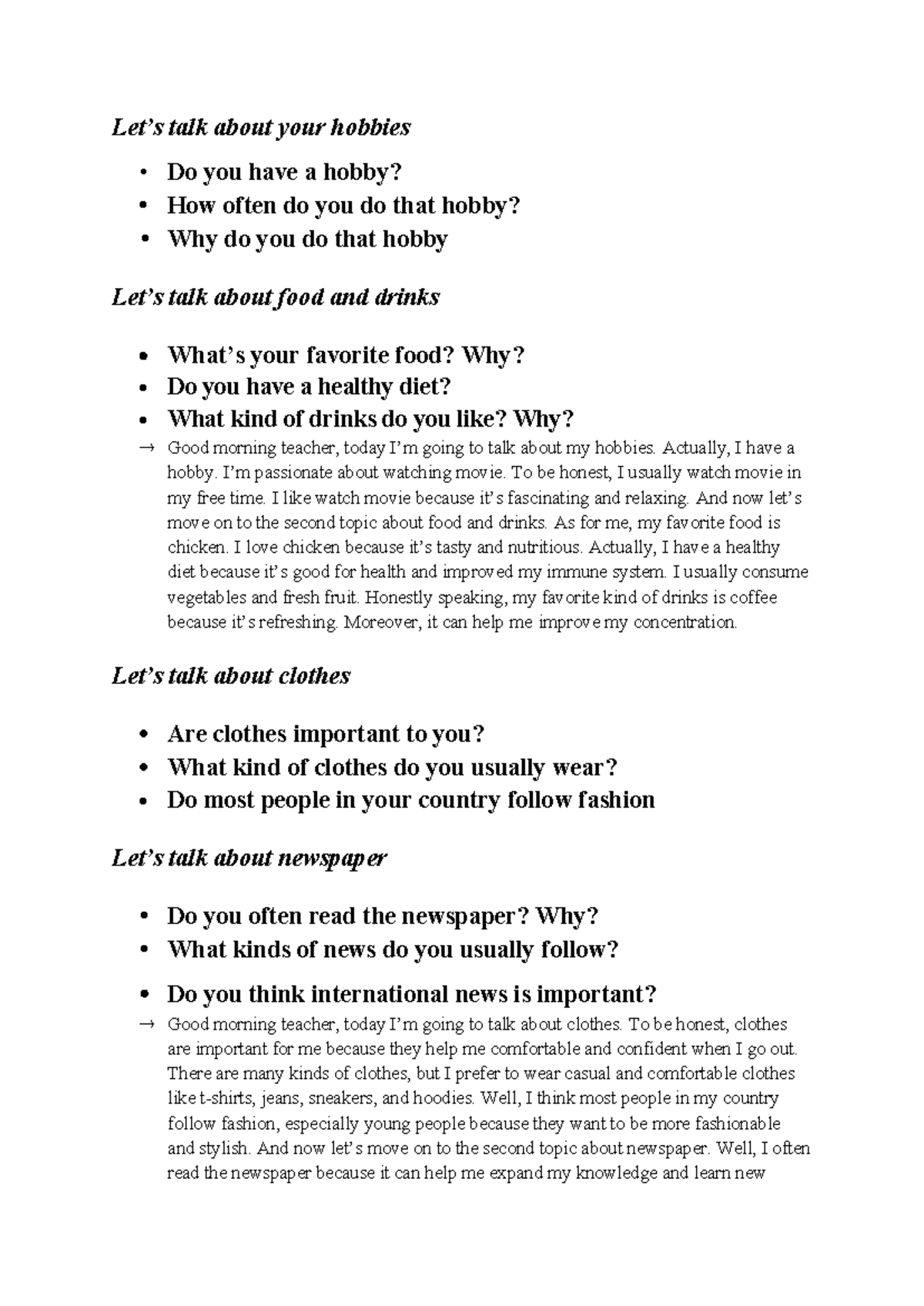 Speaking Notes on Hobbies, Food, Clothes, and Weather - Studocu