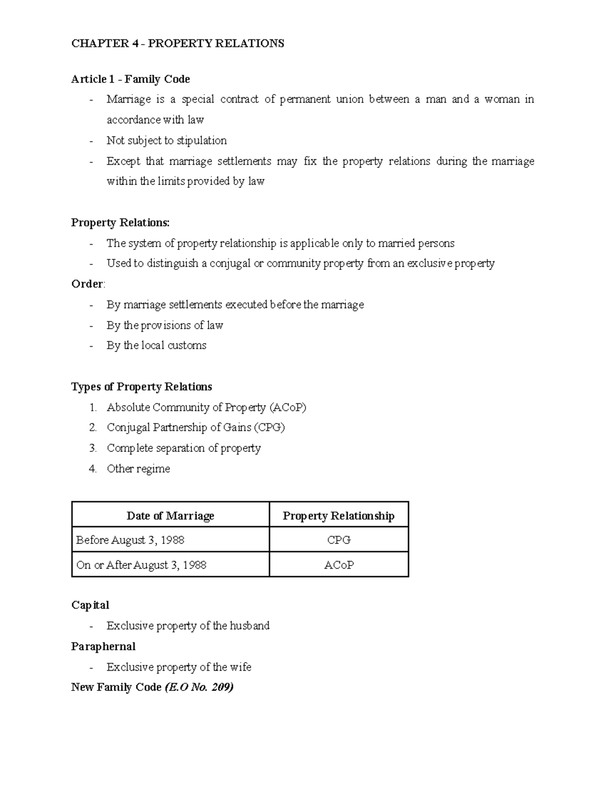 Chapter 4 - Property Relations under the Family Code (E.O No. 209 ...