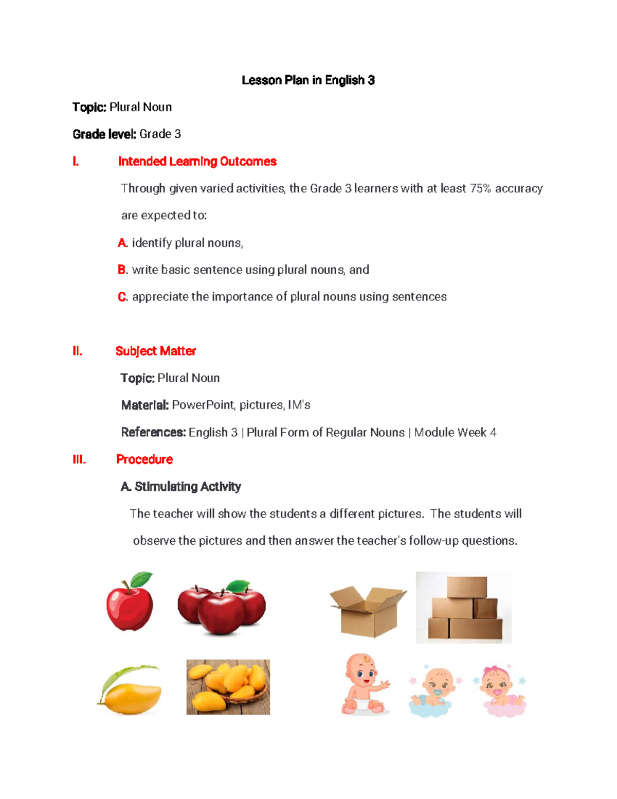 Lesson Plan: Plural Nouns for English 3 - Grade 3 Activities - Studocu