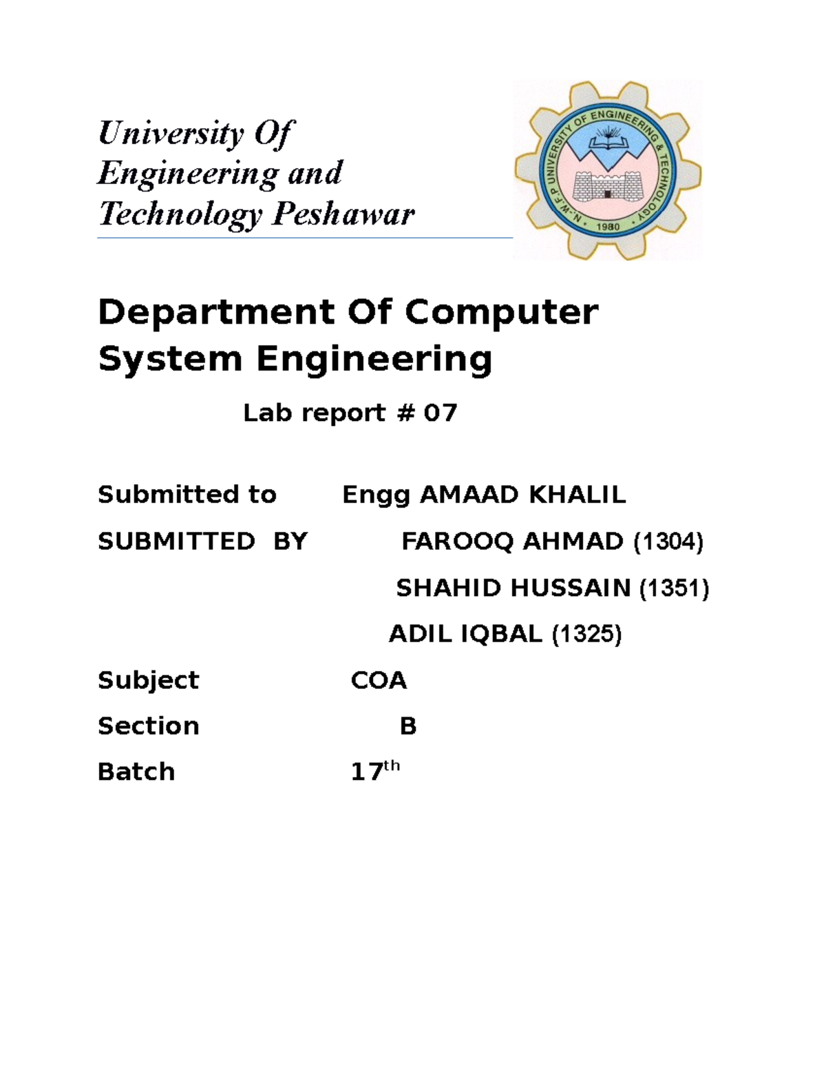 Lab 07 - N/A - University Of Engineering and Technology Peshawar ...