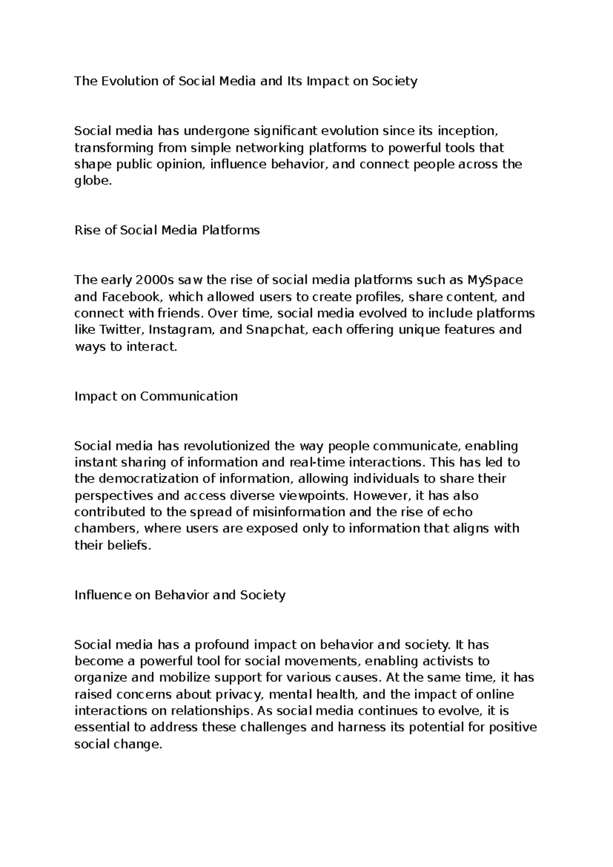 Social Media Evolution: Impact on Society and Communication - Studocu