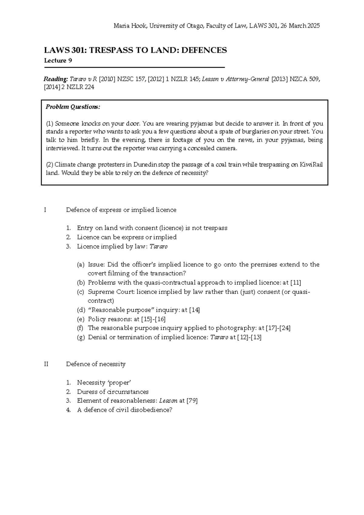 LAWS 301: Lecture 9 - Trespass to Land Defences Overview - Studocu