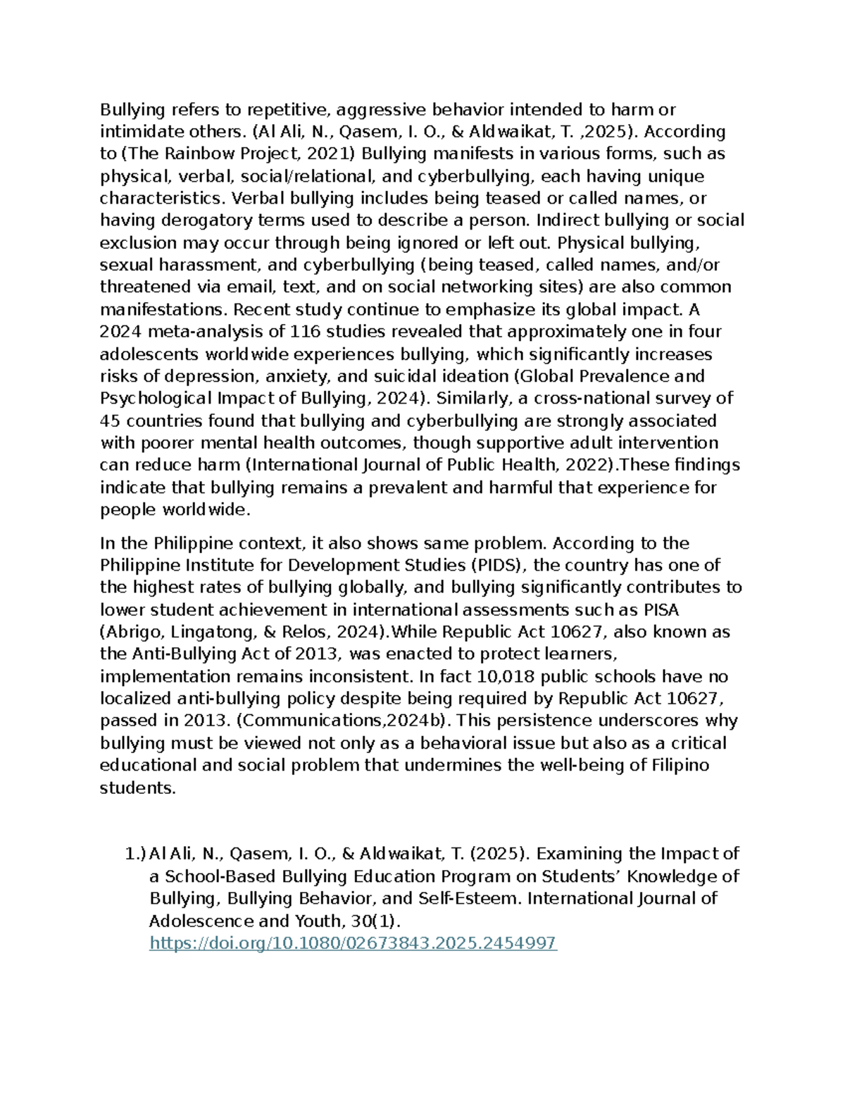 RRL - Bullying: Global Impact and Educational Challenges - Studocu