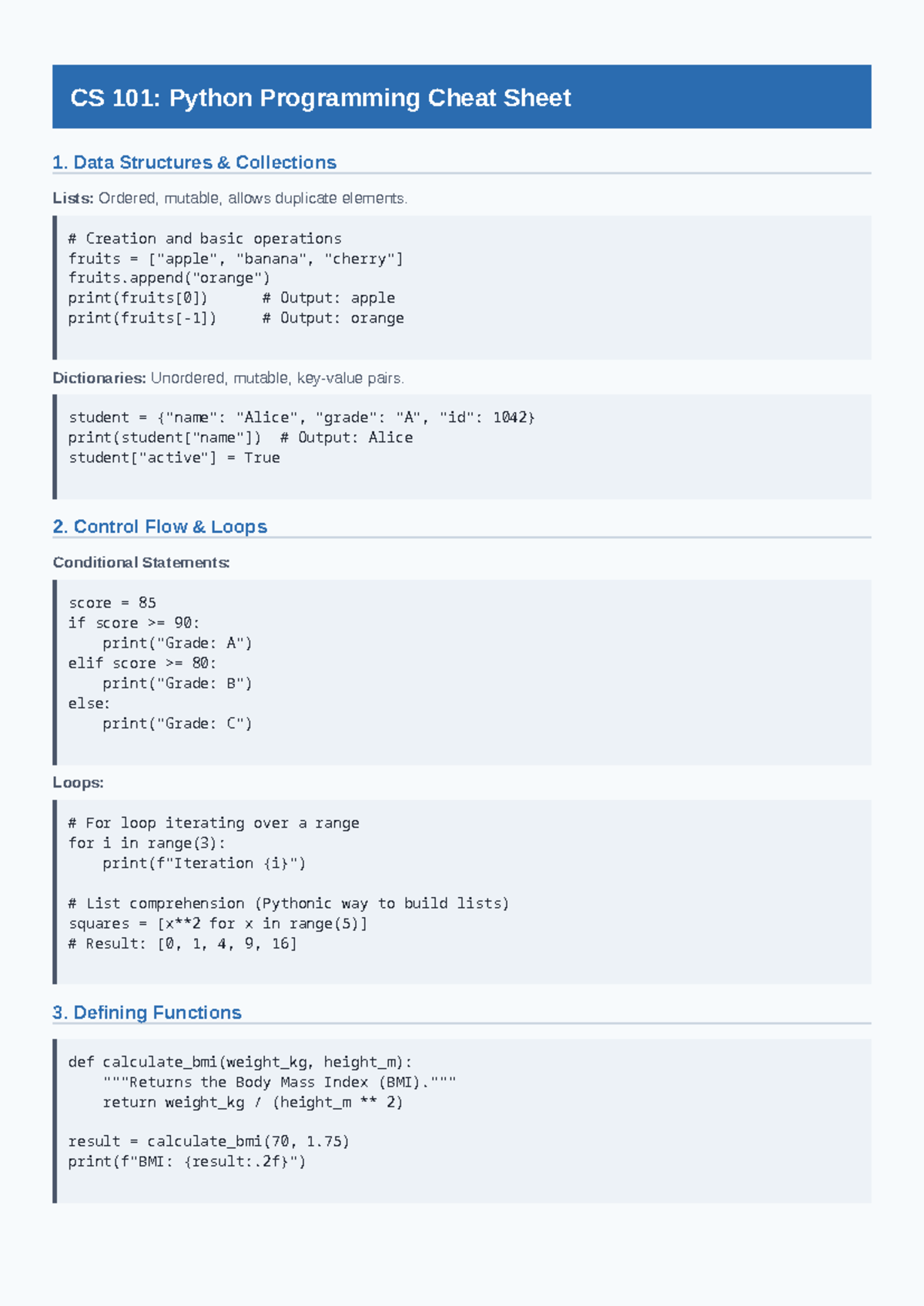 Study files CS101 Python Cheat Sheet - CS 101: Python Programming Cheat ...