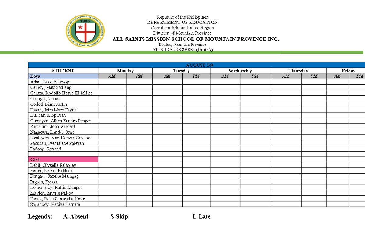 Attendance Sheet Sample for Grade 7 - All Saints Mission School - Studocu