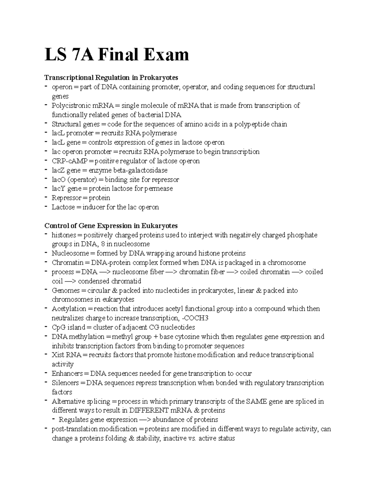 LS 7A Final Exam Study Guide: Key Concepts in Transcription & DNA - Studocu