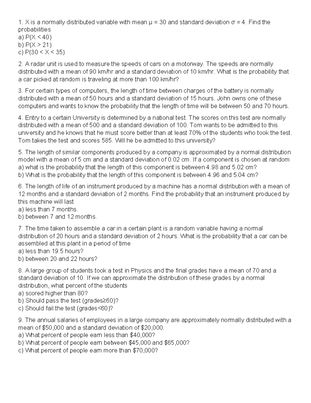 Practice Exercise: Normal Distribution Probabilities (Lecture Notes ...