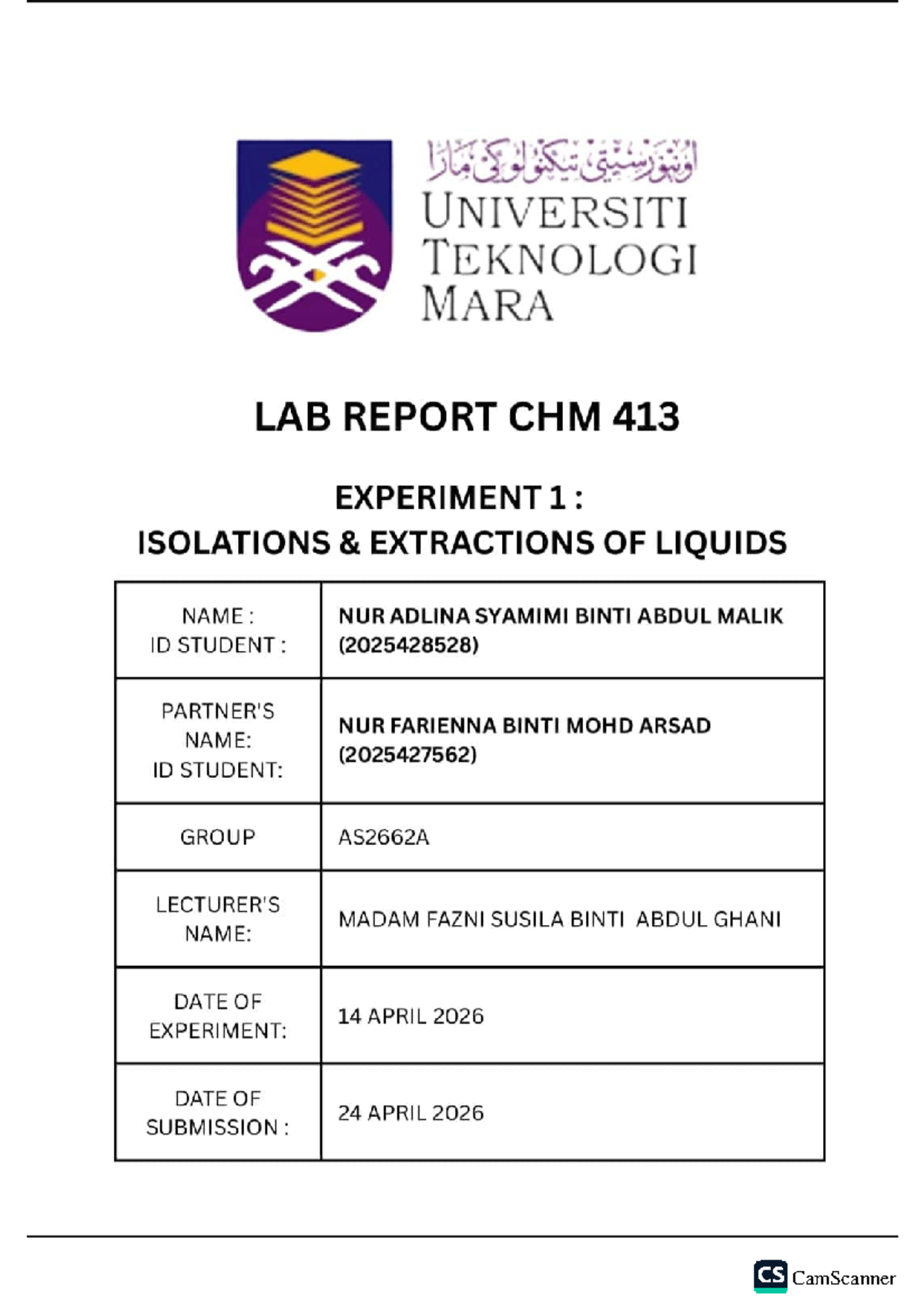 LAB Report (CHM 413) Experiment 1: Isolation & Extraction of Liquids ...