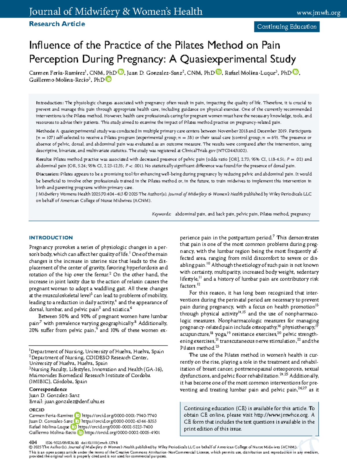 JMWH-70-404: Impact of Pilates on Pain Perception During Pregnancy ...