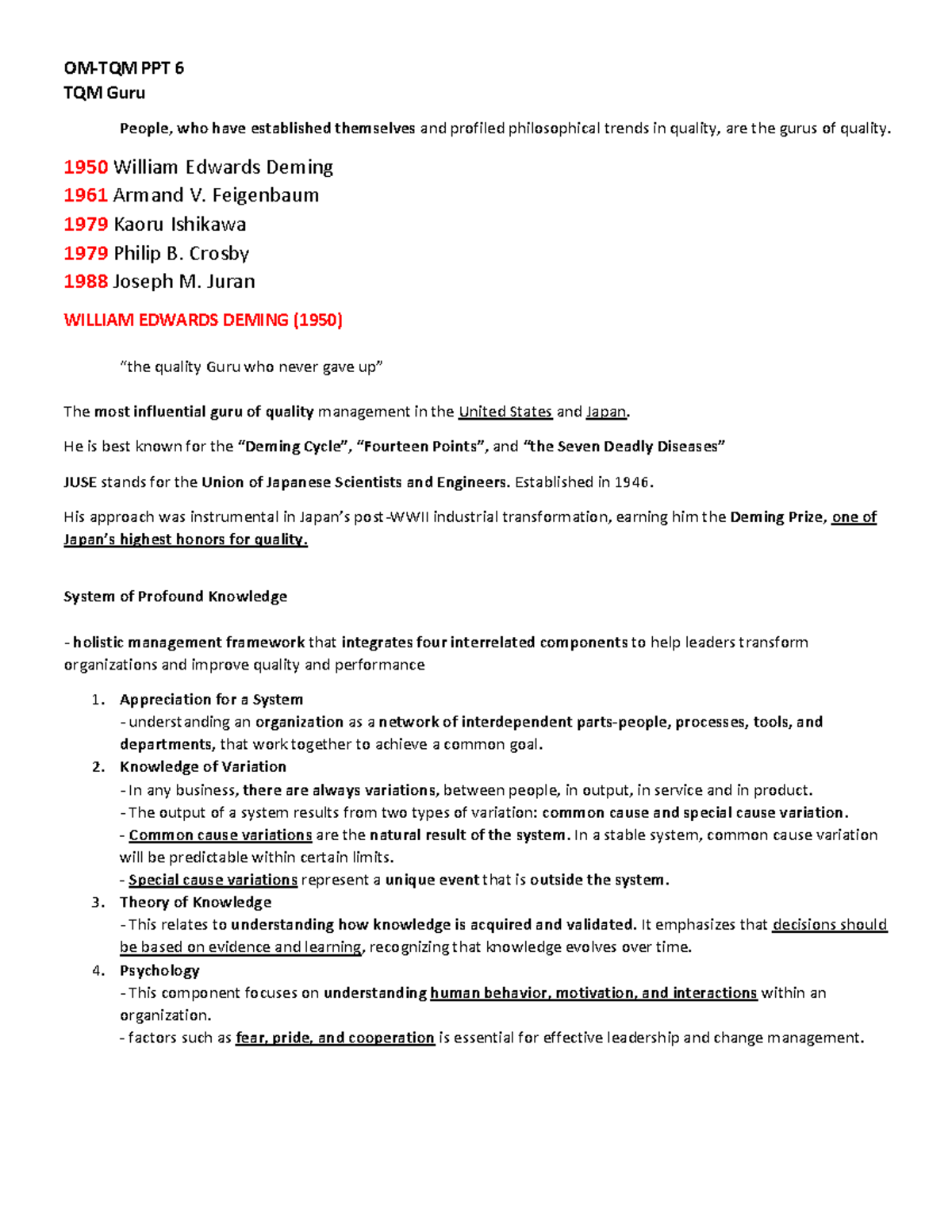 PPT 6 TQM Gurus: Insights on Quality Management Principles - Studocu