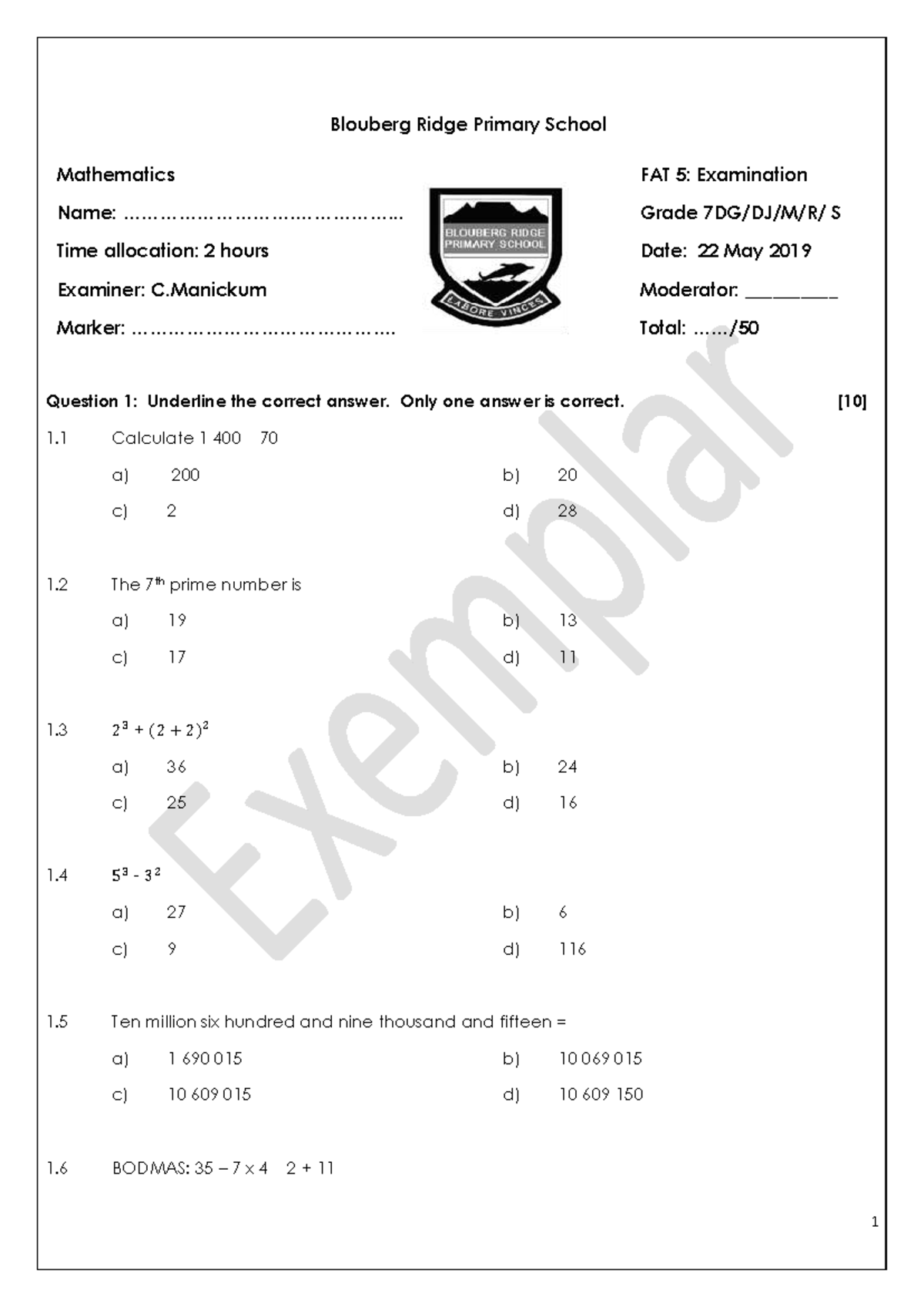 Grade 7 Mathematics FAT 5: June 2019 Exam Paper by C. Manickum - Studocu