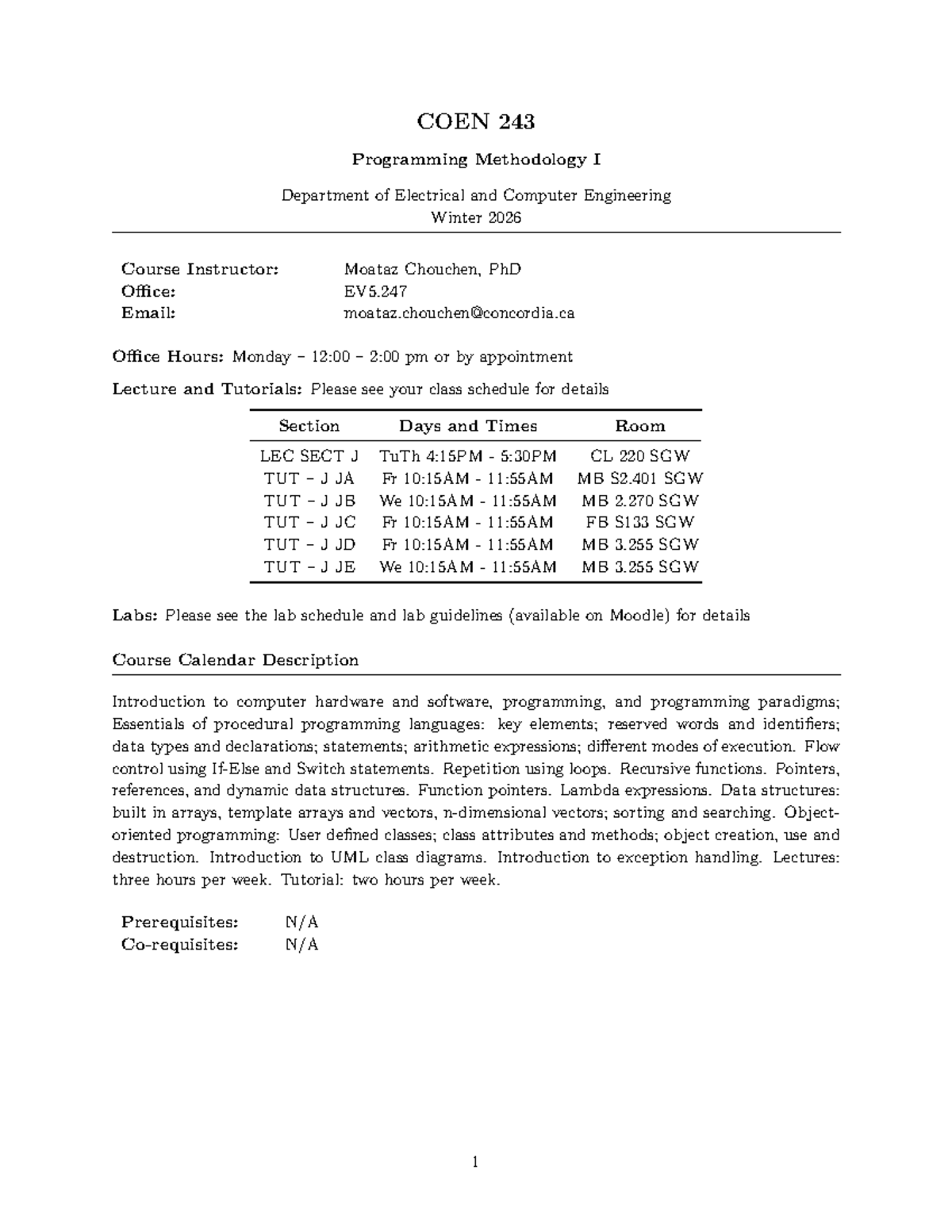 COEN 243 - Programming Methodology I Course Outline Winter 2026 - Studocu