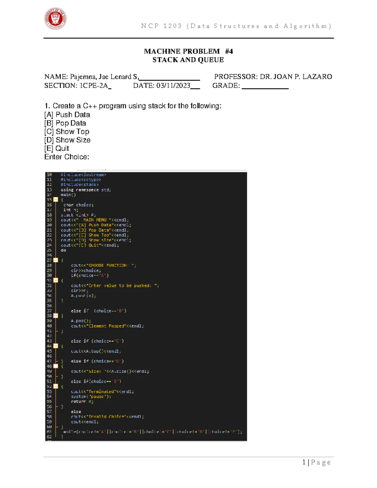 Lab Activity #42: Stack and Queue Implementation in C++ - Studocu