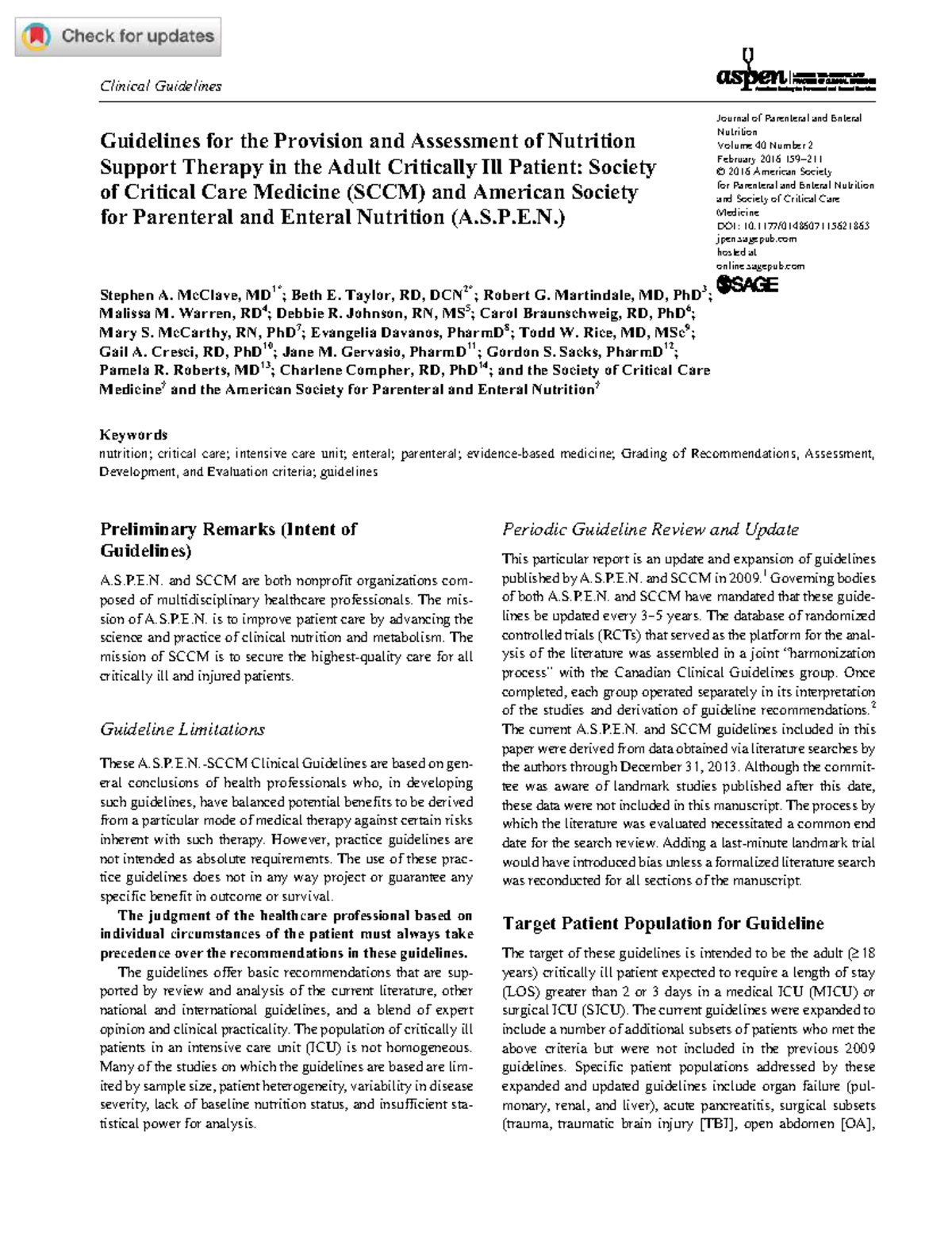 Guidelines for Nutrition Support Therapy in Adult Critically Ill ...