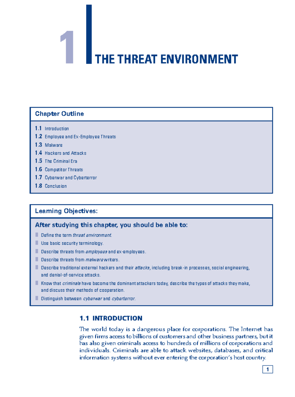 Ch 1 and 2 - Lecture notes 1 - 1 THE THREAT ENVIRONMENT Learning ...