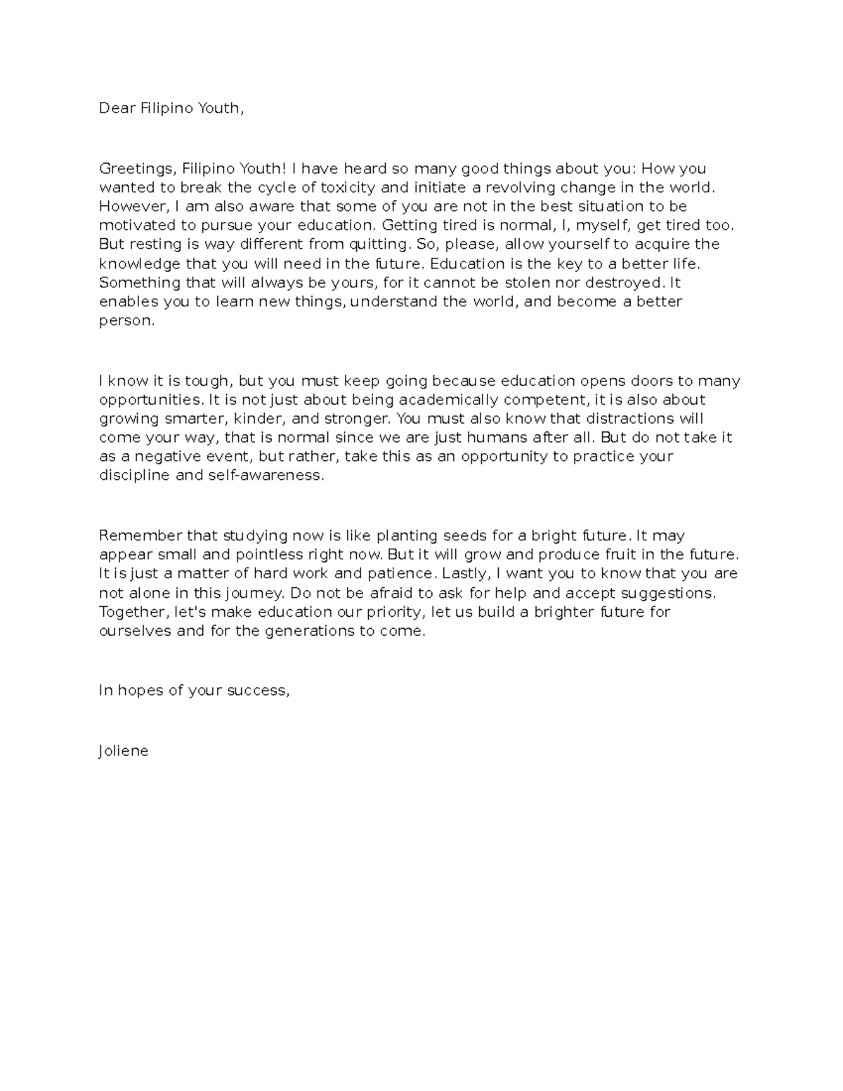 Task 3 - Open Letter to Filipino Youth: Embrace Education for Change ...