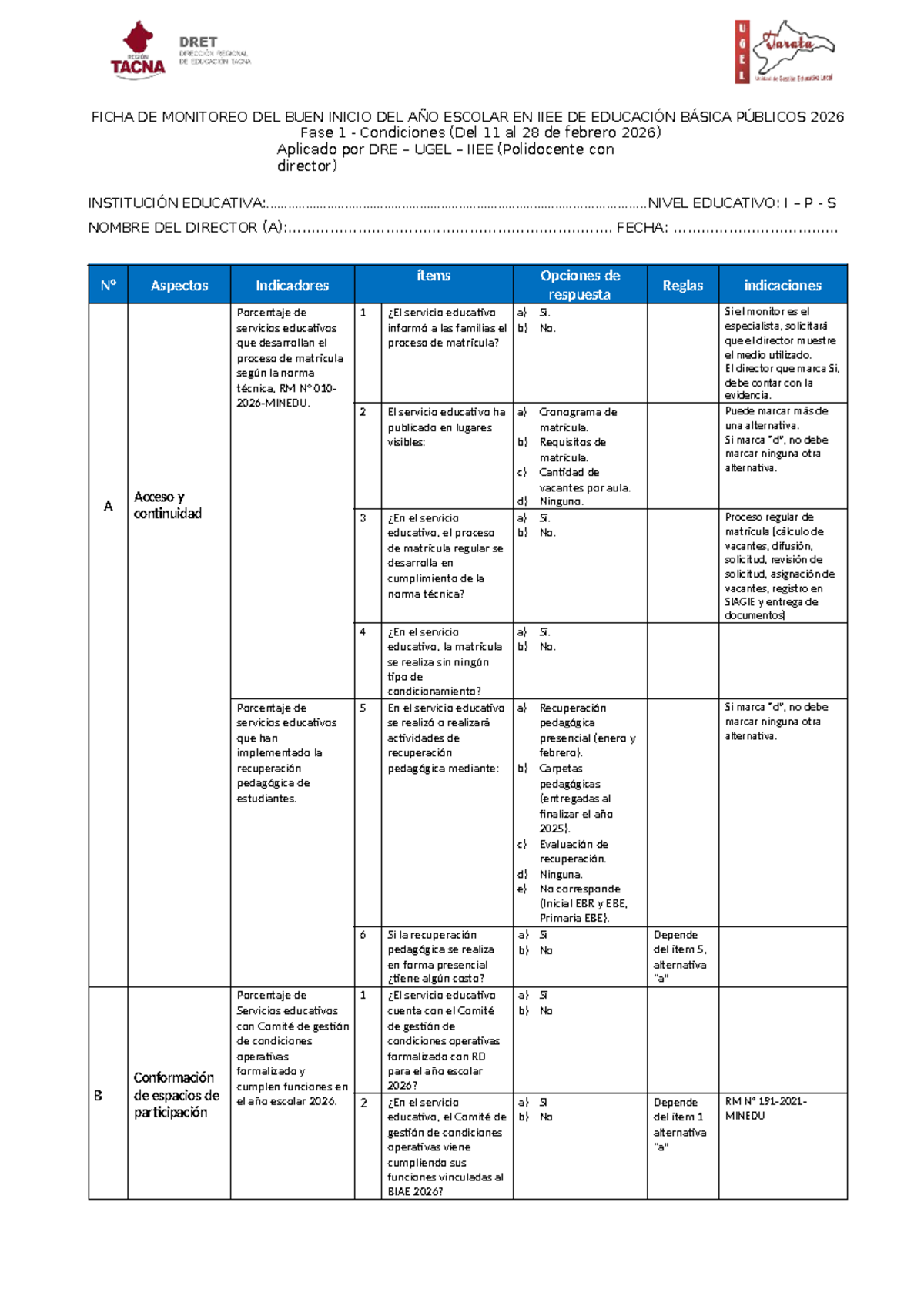 Ficha de Monitoreo BIAE 2026: Fase 1 de Condiciones Educativas - Studocu