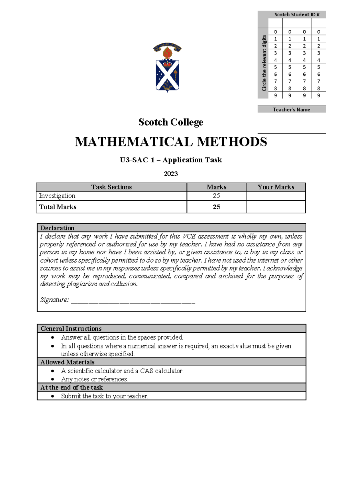 SC 2023 MM U3 SAC 1a - Investigation Task for Mathematical Methods ...