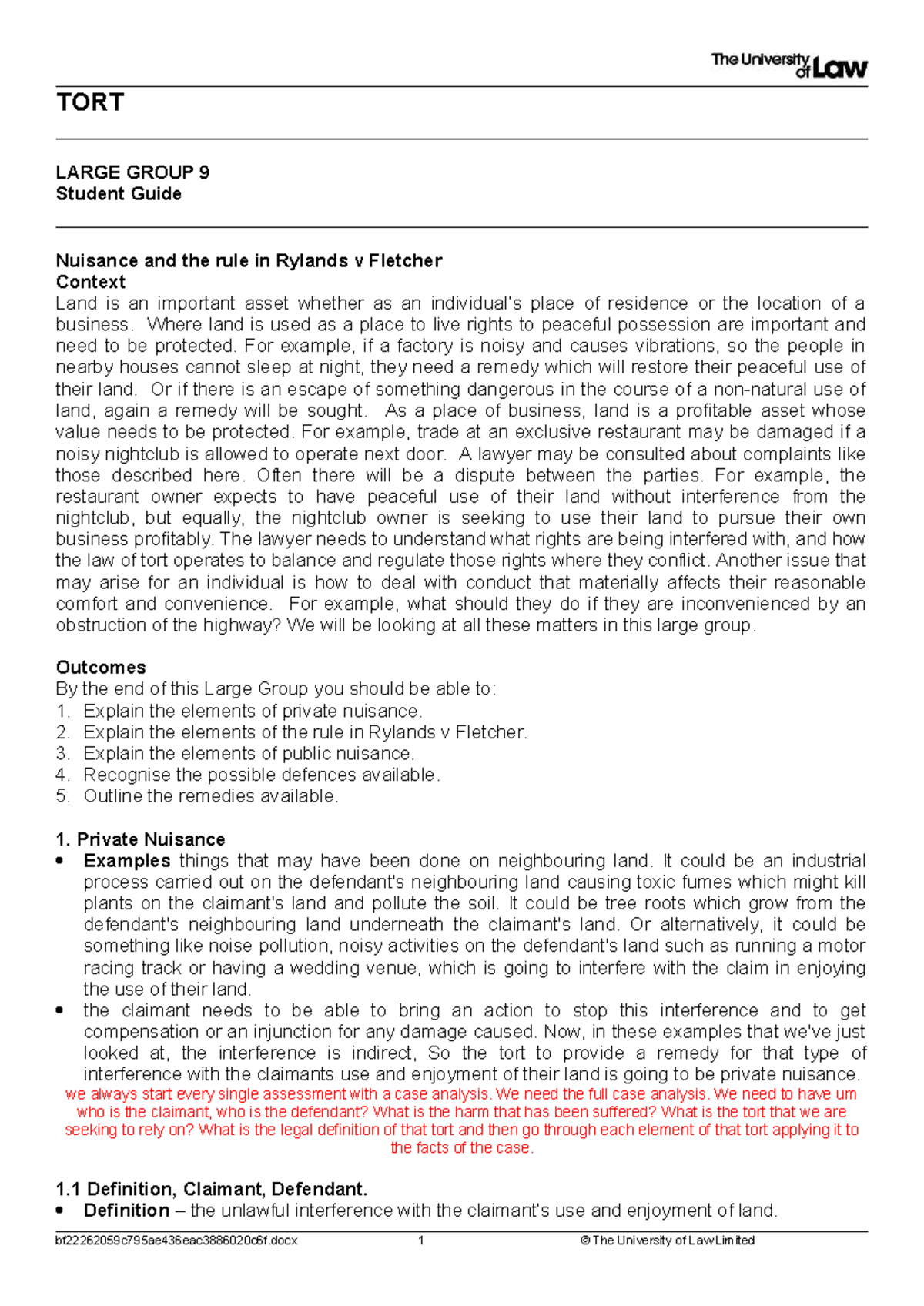 Tort large group 9 student guide: Nuisance and Rylands v Fletcher - Studocu