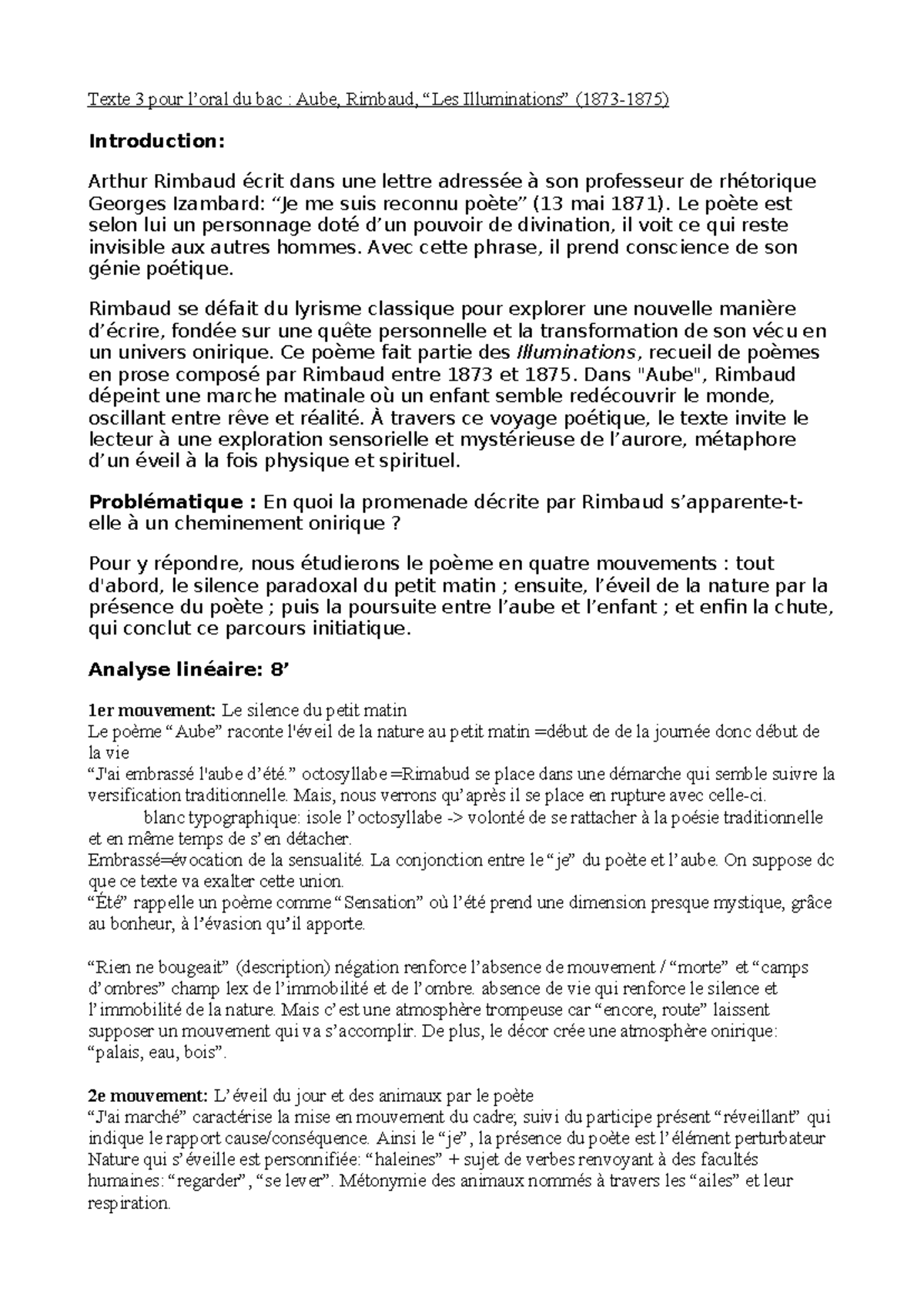 Texte 3 Aube : Analyse du Poème de Rimbaud pour le Bac - Studocu