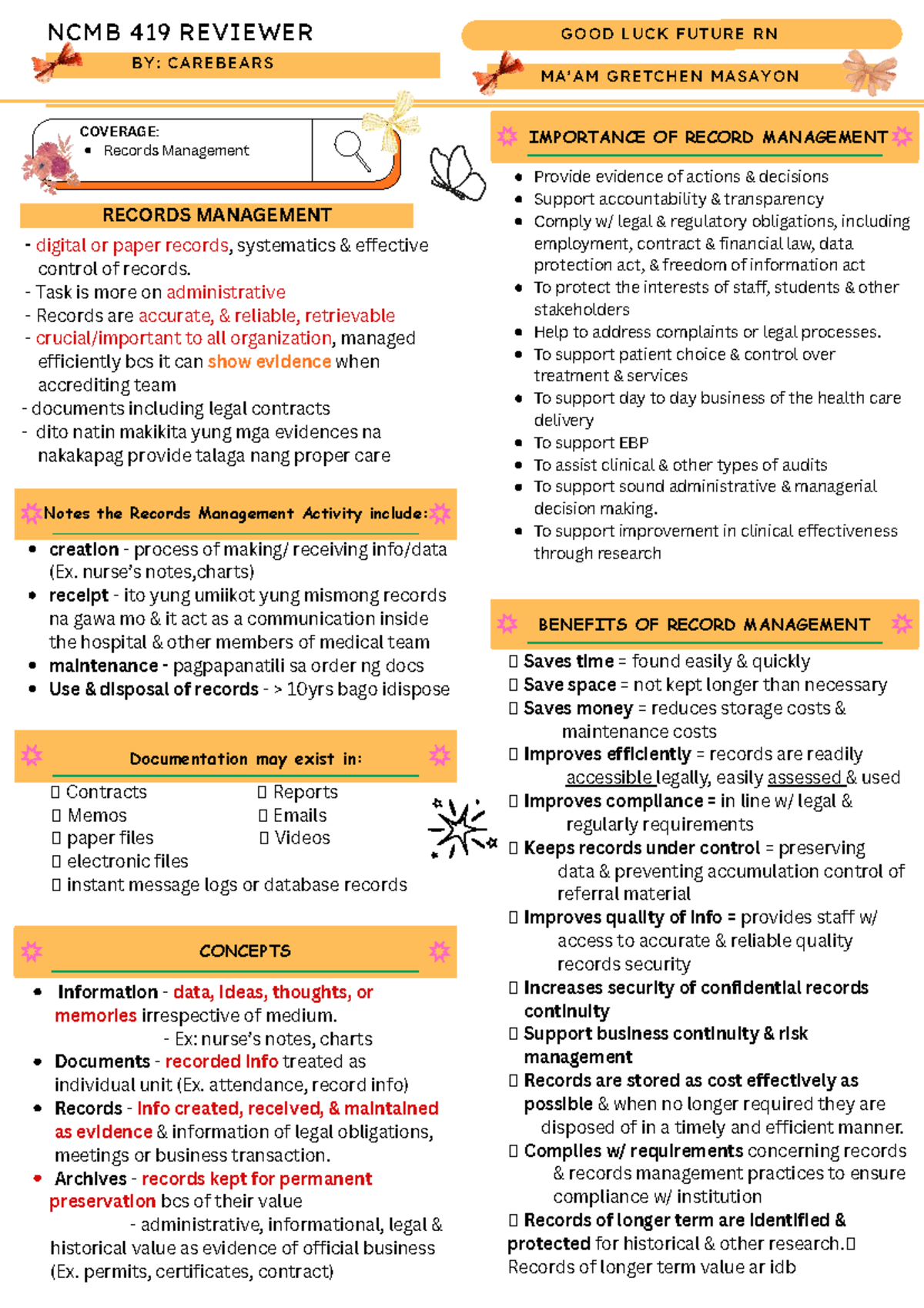 NCMB 419 REVIEWER: RECORDS MANAGEMENT MIDTERM NOTES - Studocu