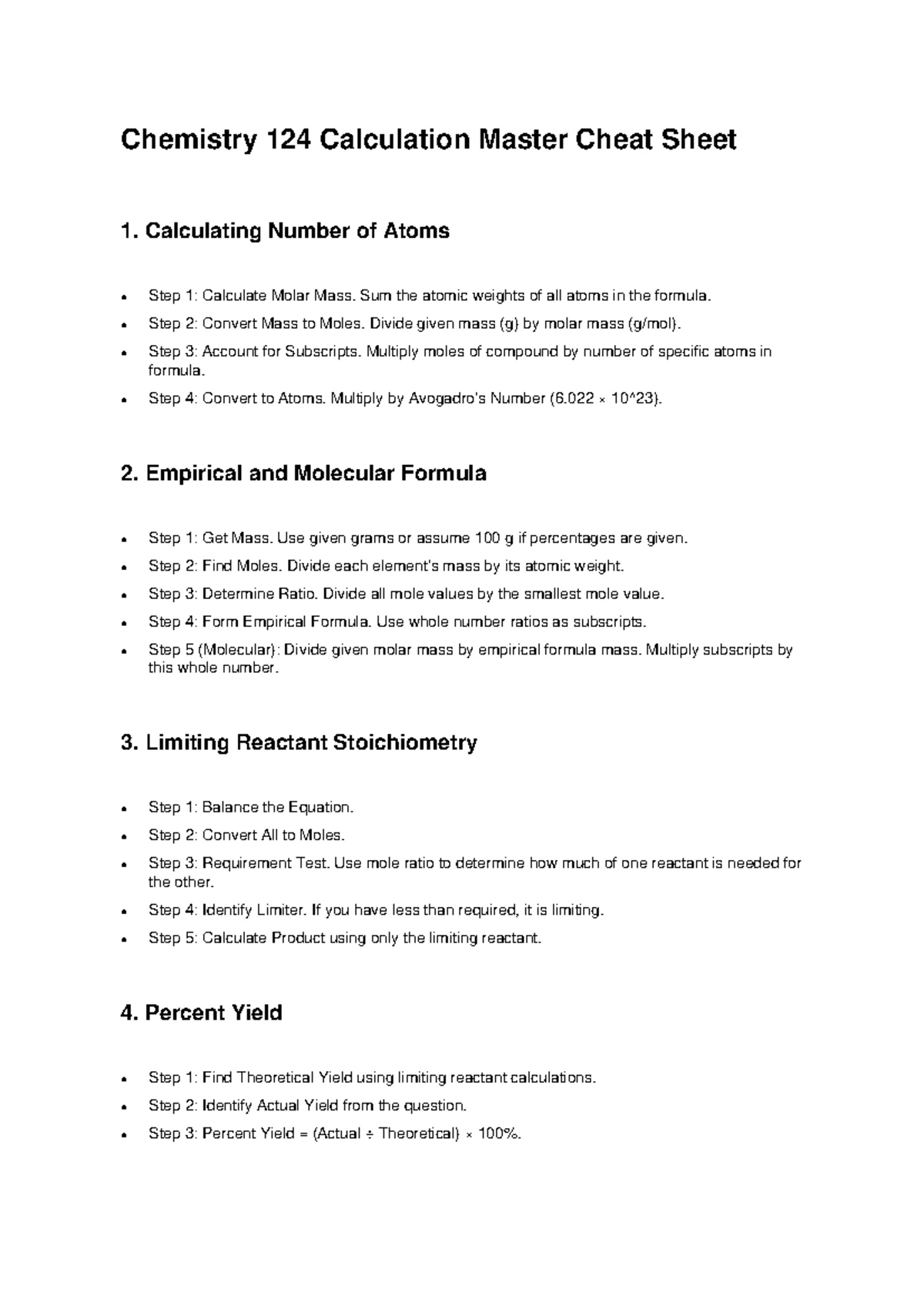 Chemistry 124 Final Exam Calculation Cheat Sheet - Studocu