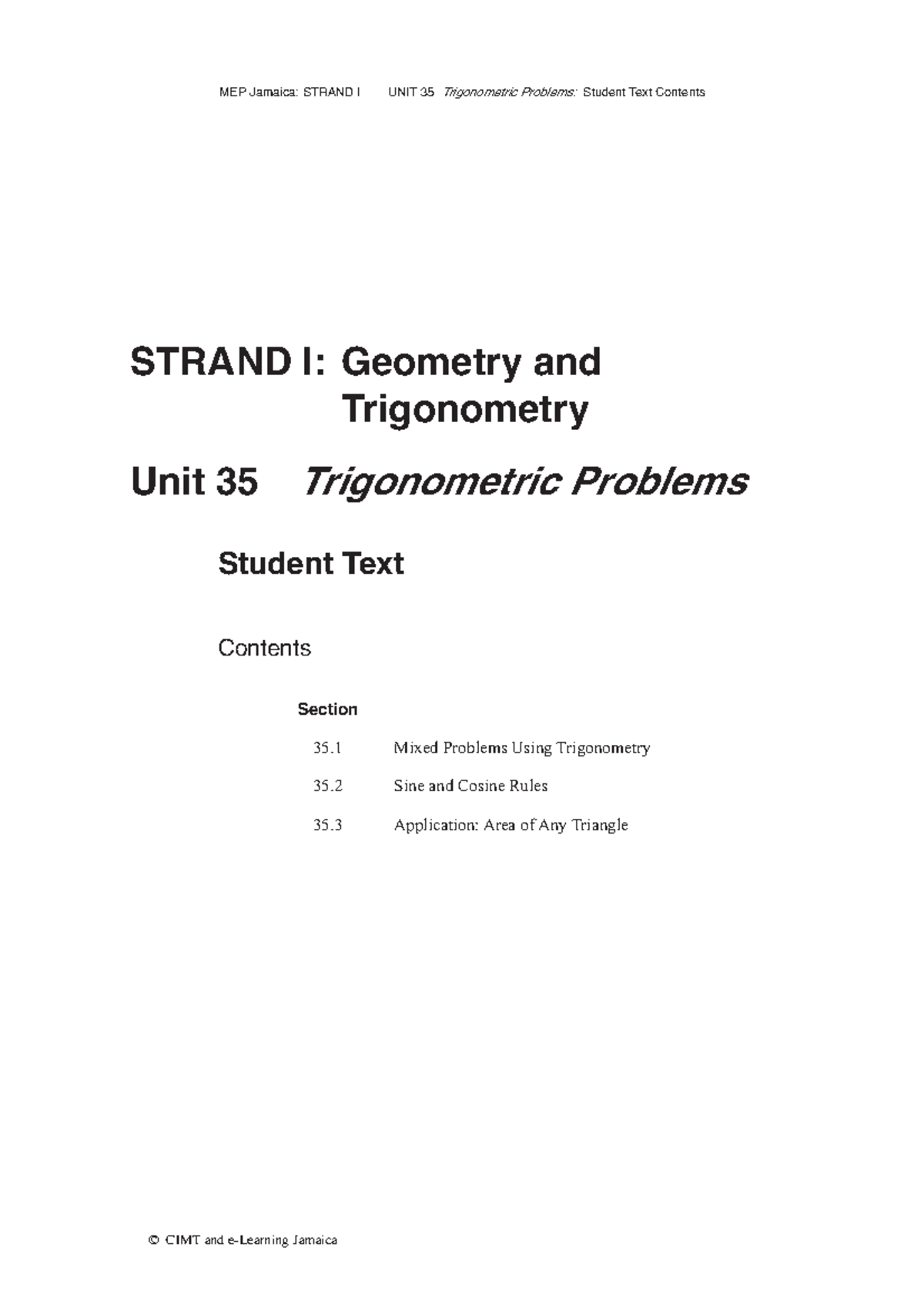 Trigonometry II - MEP Jamaica: Unit 35 Trigonometric Problems - Studocu