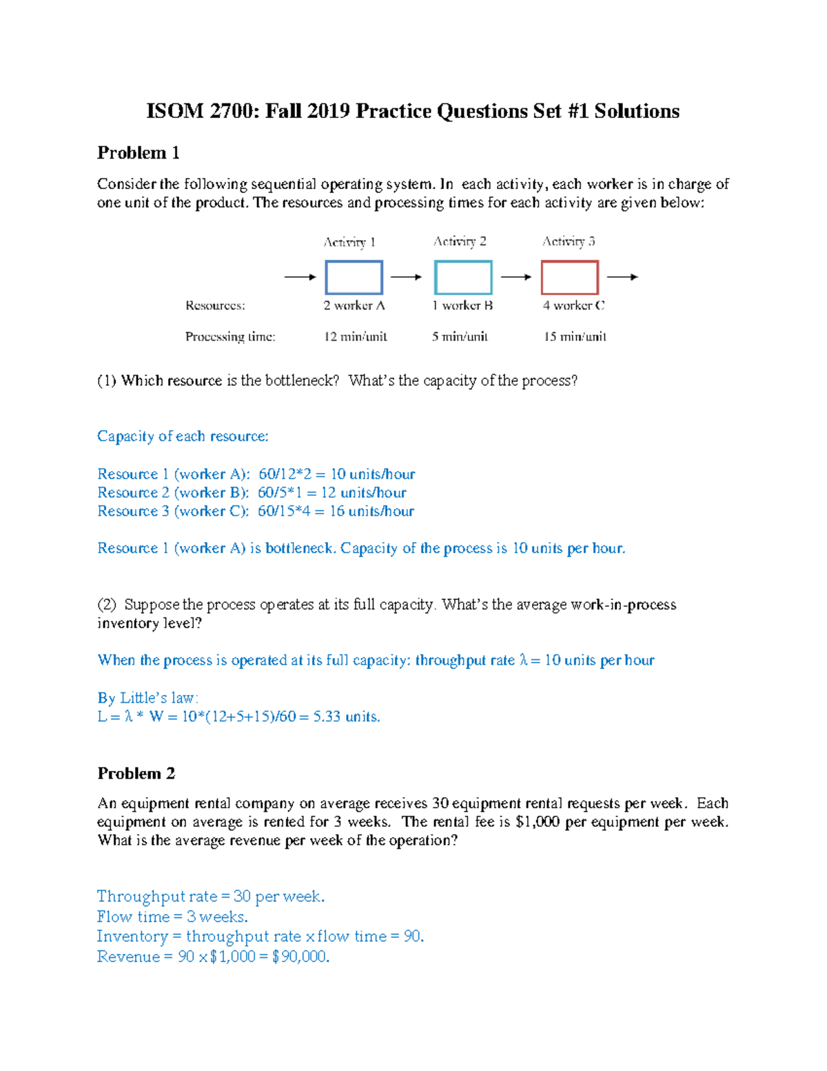 ISOM 2700 Fall 2019 Practice Questions Set 1 Solutions Detailed Guide ...