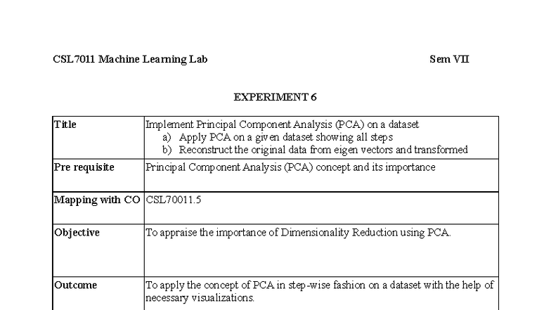 CSL7011 Machine Learning Lab Sem VII: PCA Experiment 6 Report - Studocu