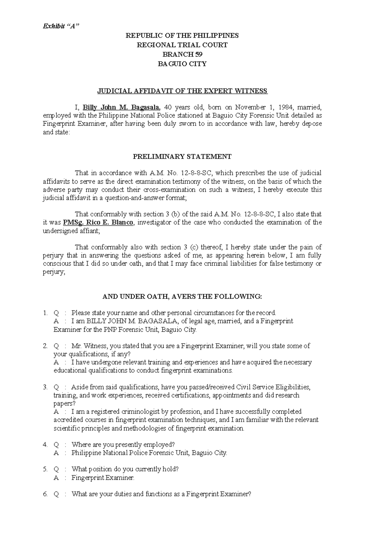 Judicial Affidavit of Expert Witness in Case A. No. 12-8-8-SC - Studocu