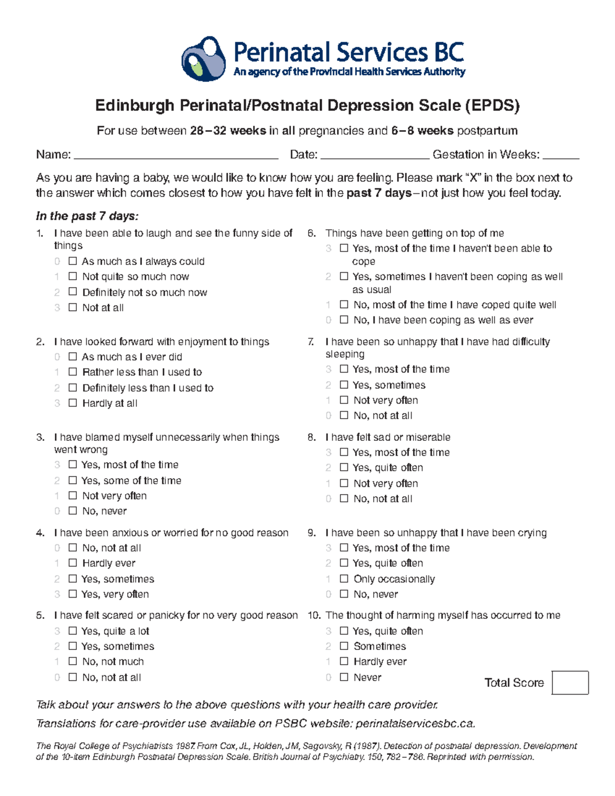 Edinburgh Postnatal Depression Scale (EPDS) Assessment Tool - Studocu