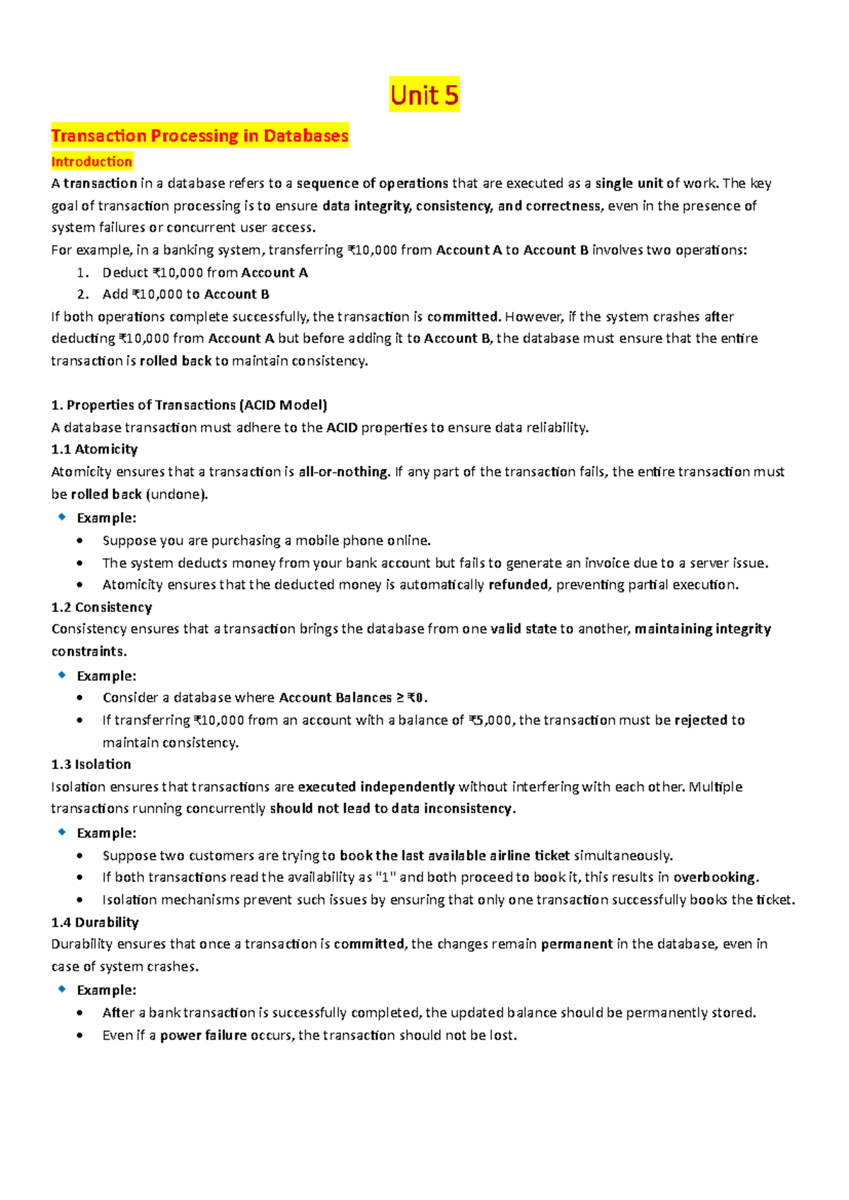 Unit 5 - Transaction Processing in Databases: Key Concepts and ...