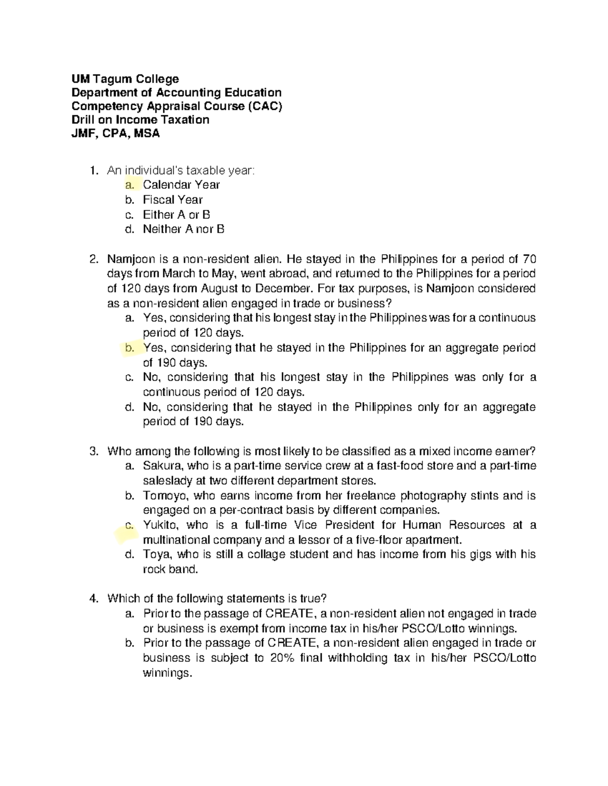 Drill 1st Summative Exam Taxation - UM Tagum College Department of ...