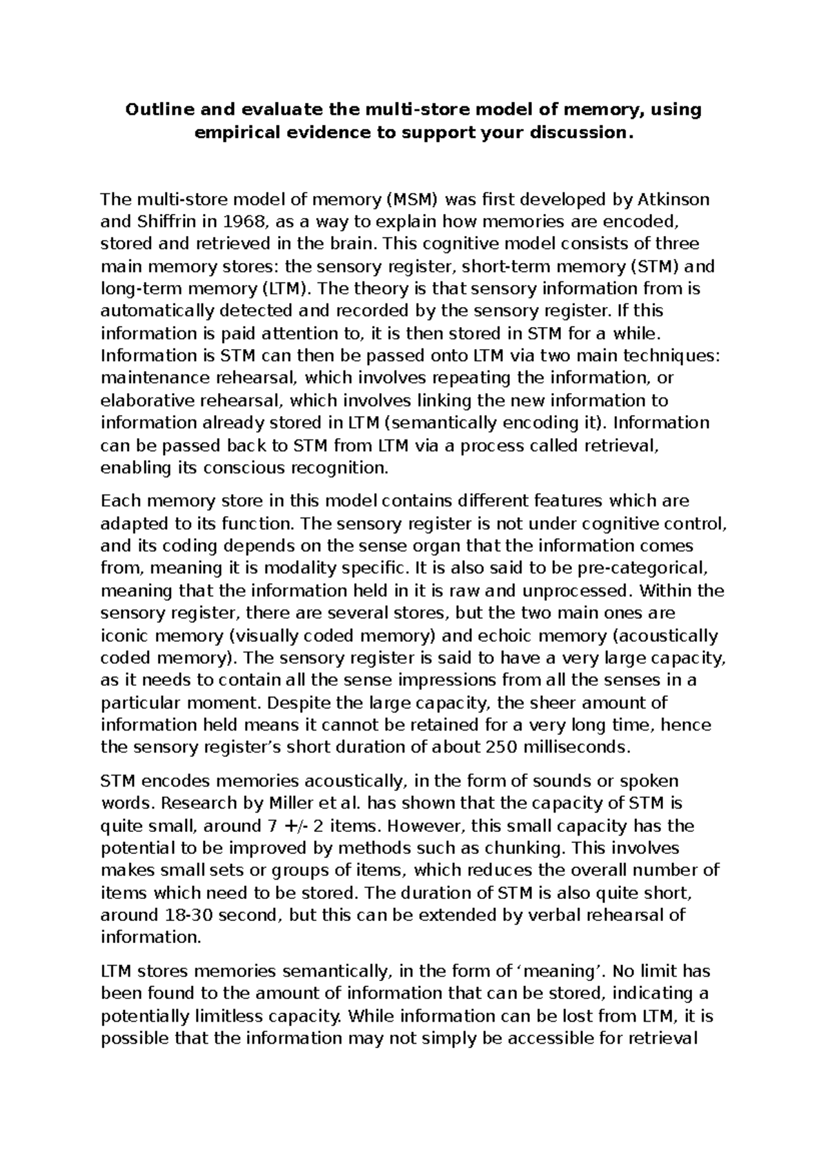 MSM Essay: Evaluating the Memory Model with Empirical Evidence - Studocu
