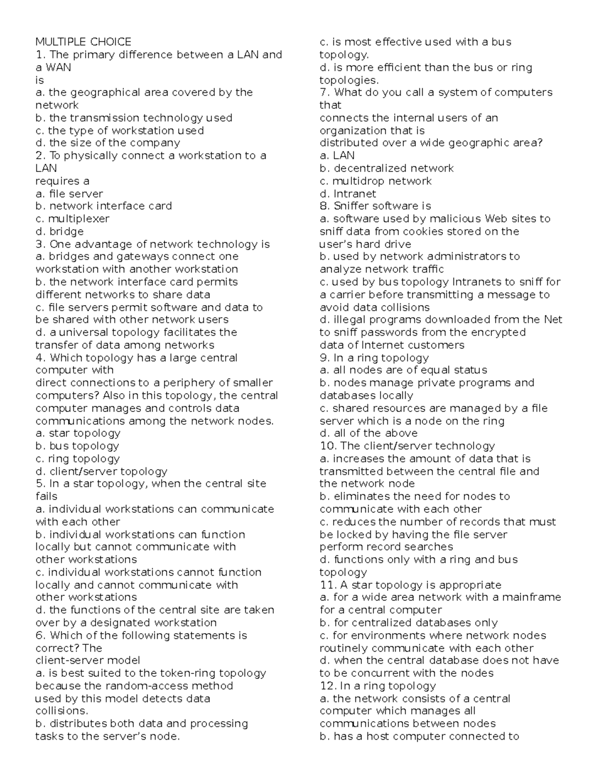 CH12 AIS Multiple Choice Questions on Network Technologies and ...