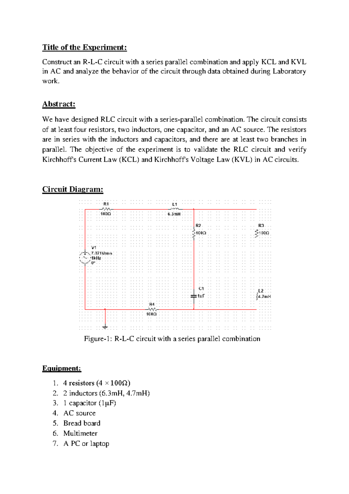 OEL Lab Report: RLC Circuit Analysis & KCL/KVL Validation - Studocu