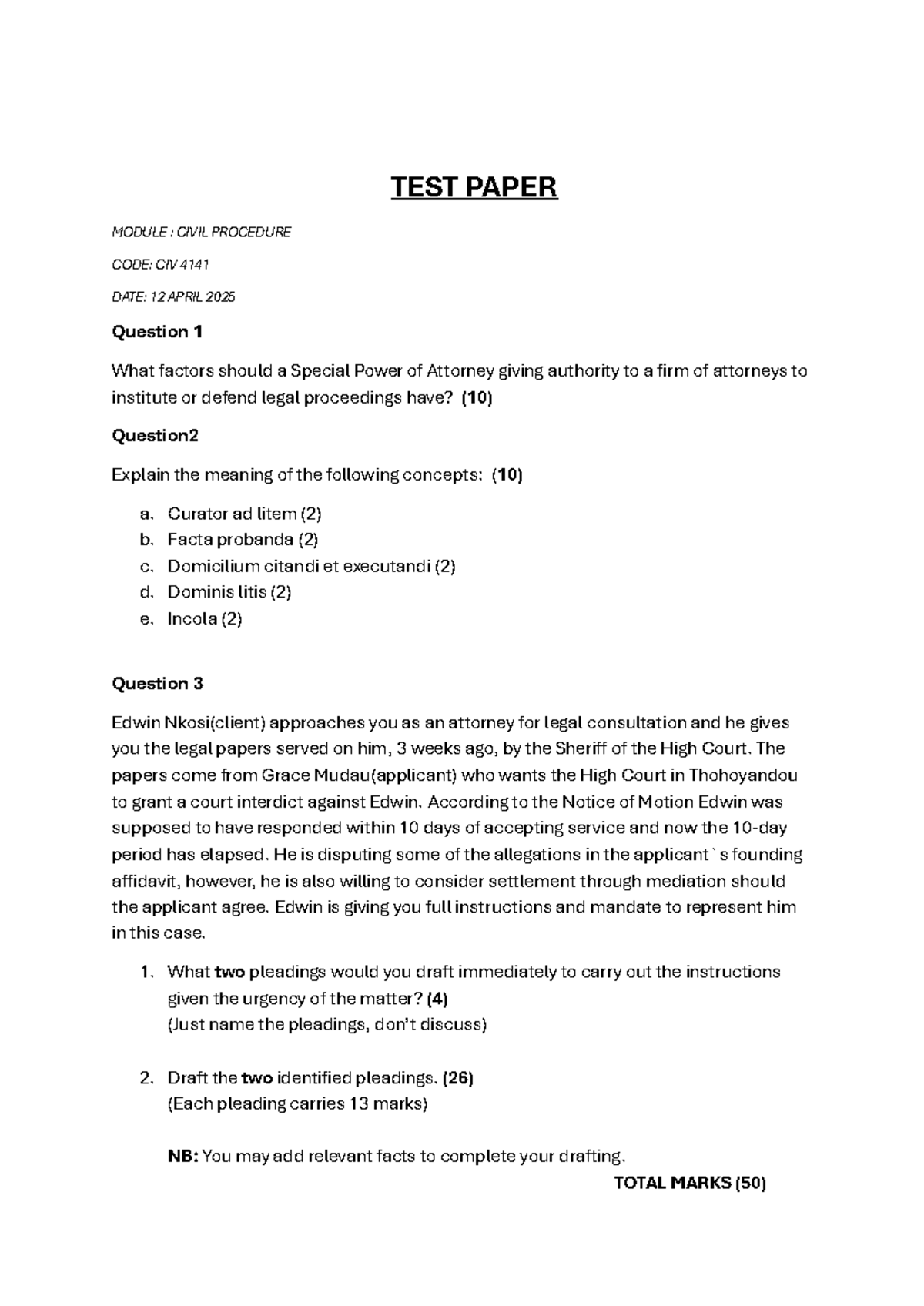 CIV 4141 Test Paper: Civil Procedure Questions & Memorandum Guide - Studocu